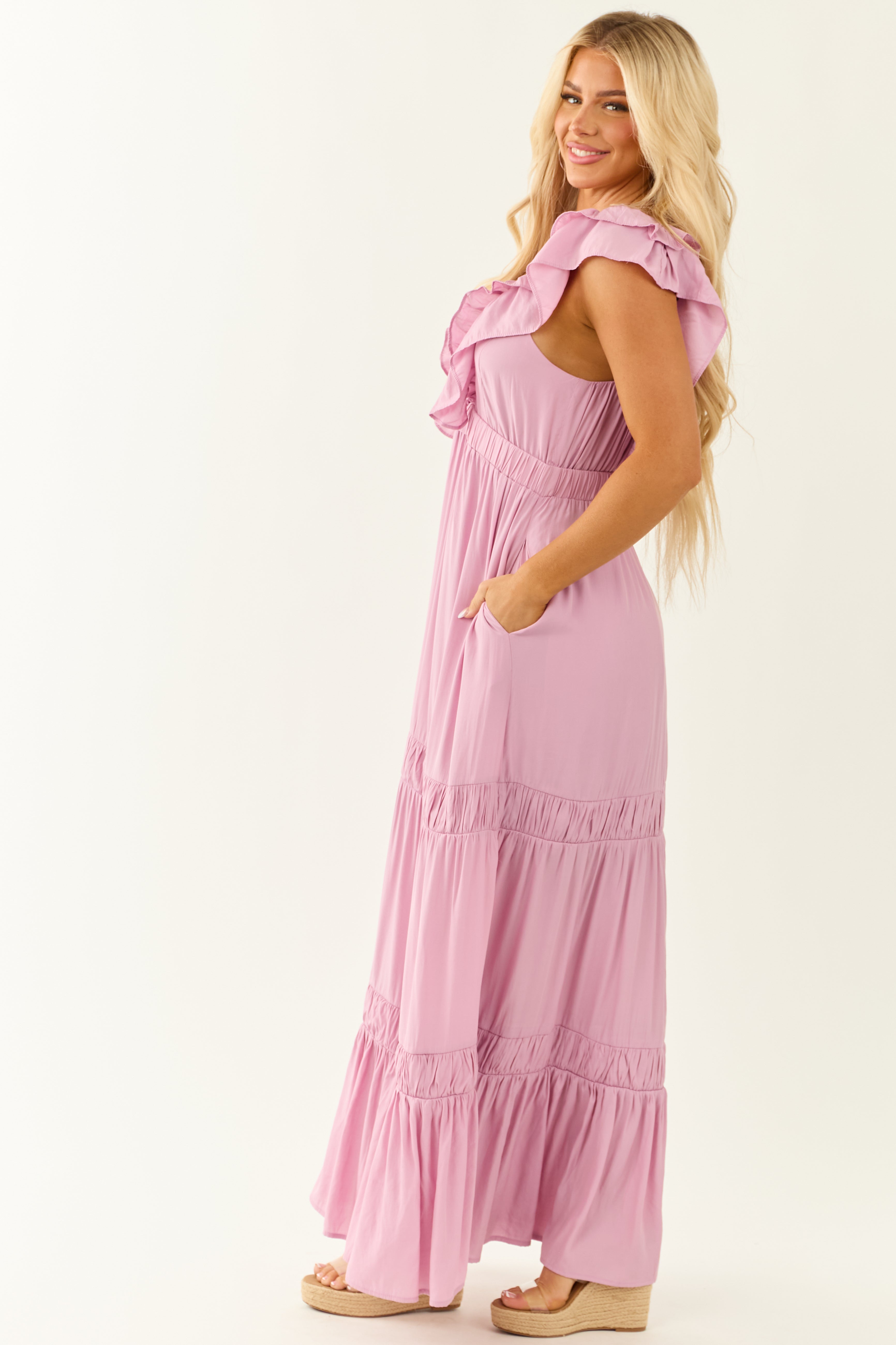 Light Orchid Ruffle Cap Sleeve Maxi Dress