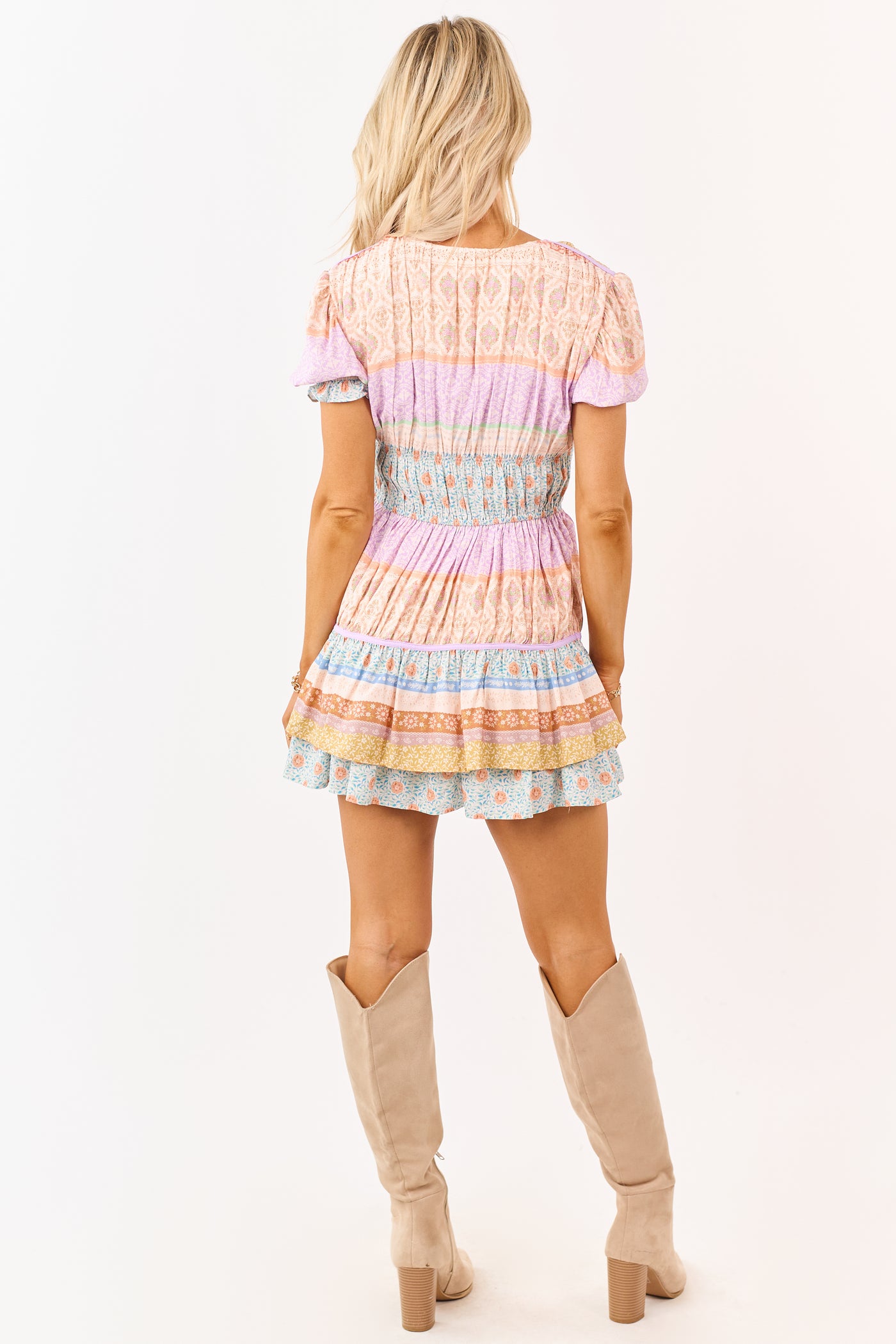 Light Peach Boho Mixed Print Tiered Ruffle Mini Dress