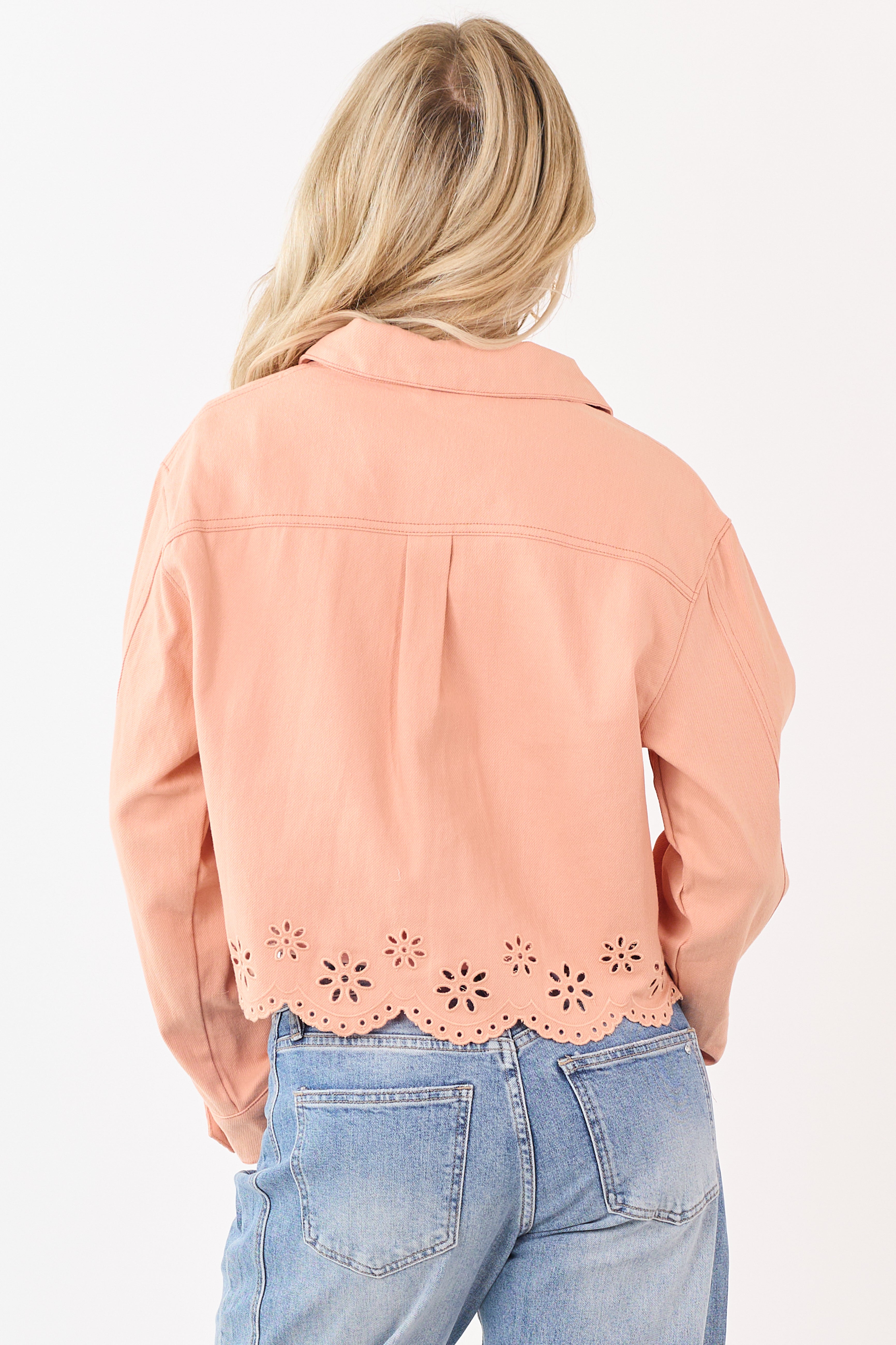 Light Peach Button Down Embroidered Denim Jacket