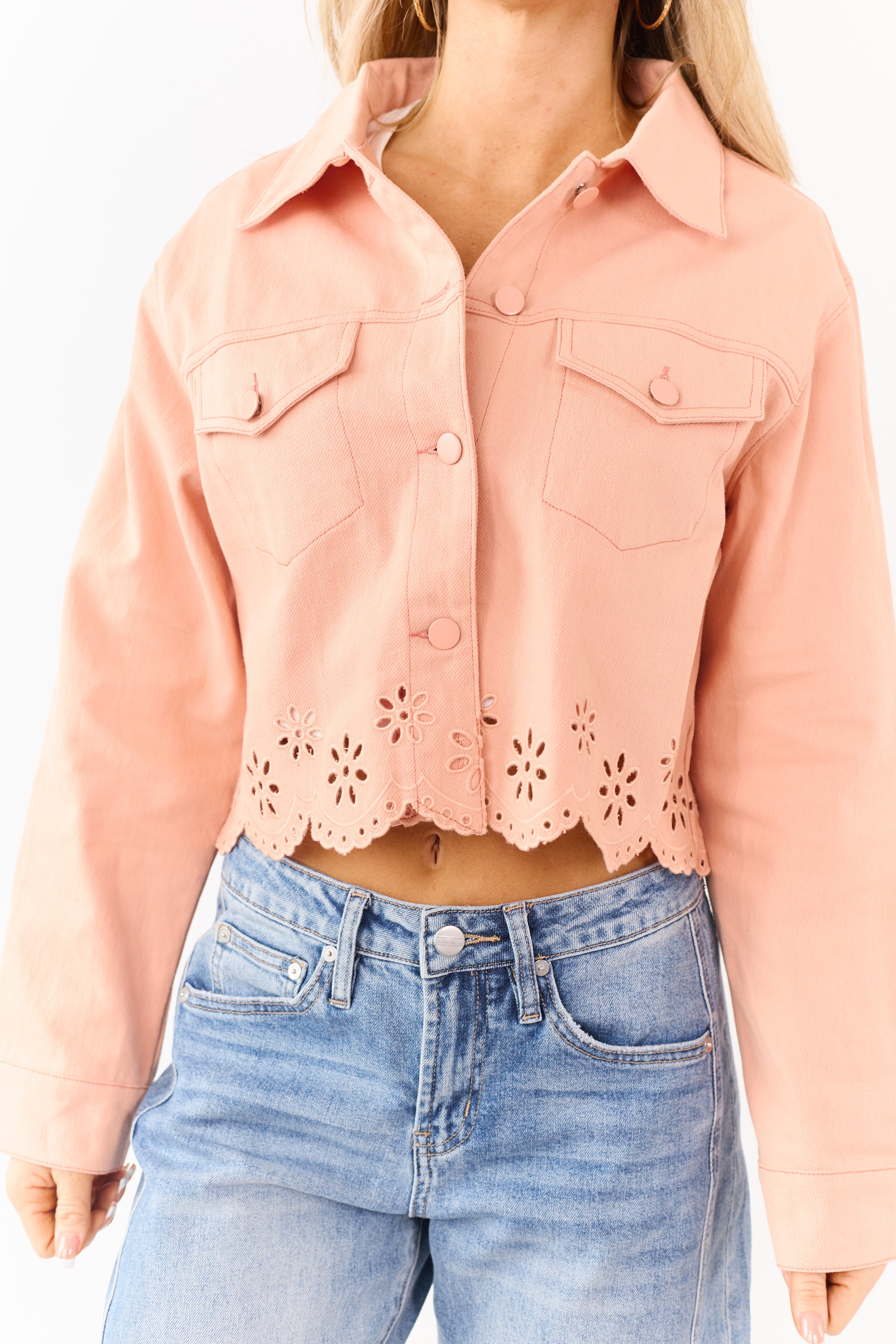 Light Peach Button Down Embroidered Denim Jacket