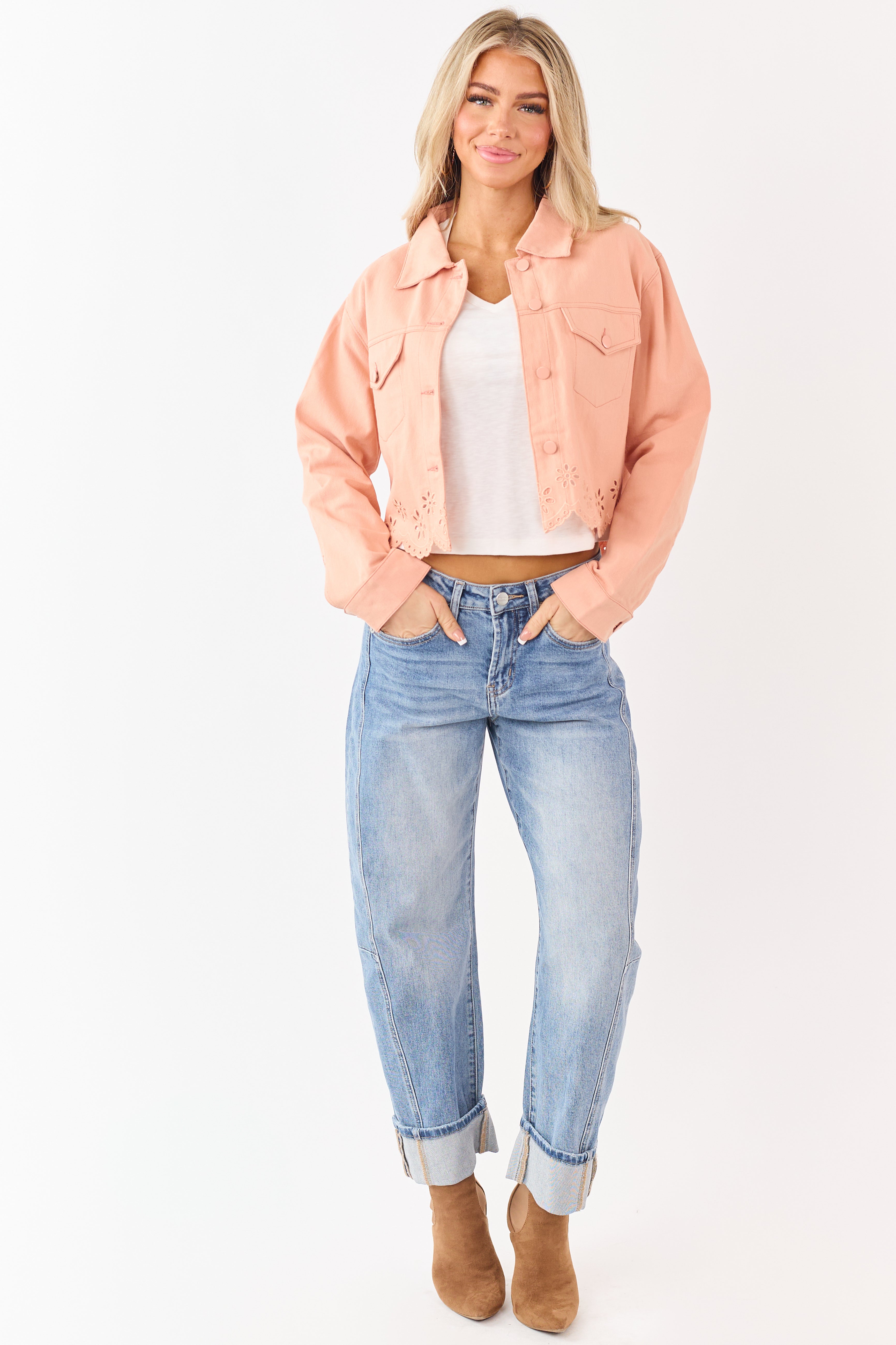 Light Peach Button Down Embroidered Denim Jacket