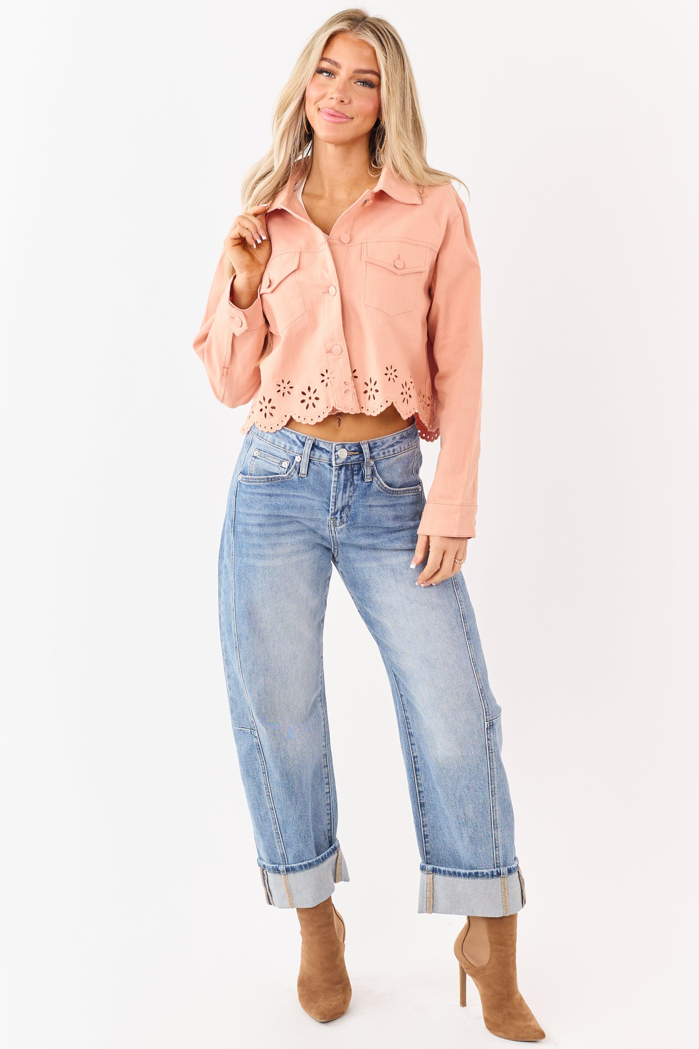Light Peach Button Down Embroidered Denim Jacket