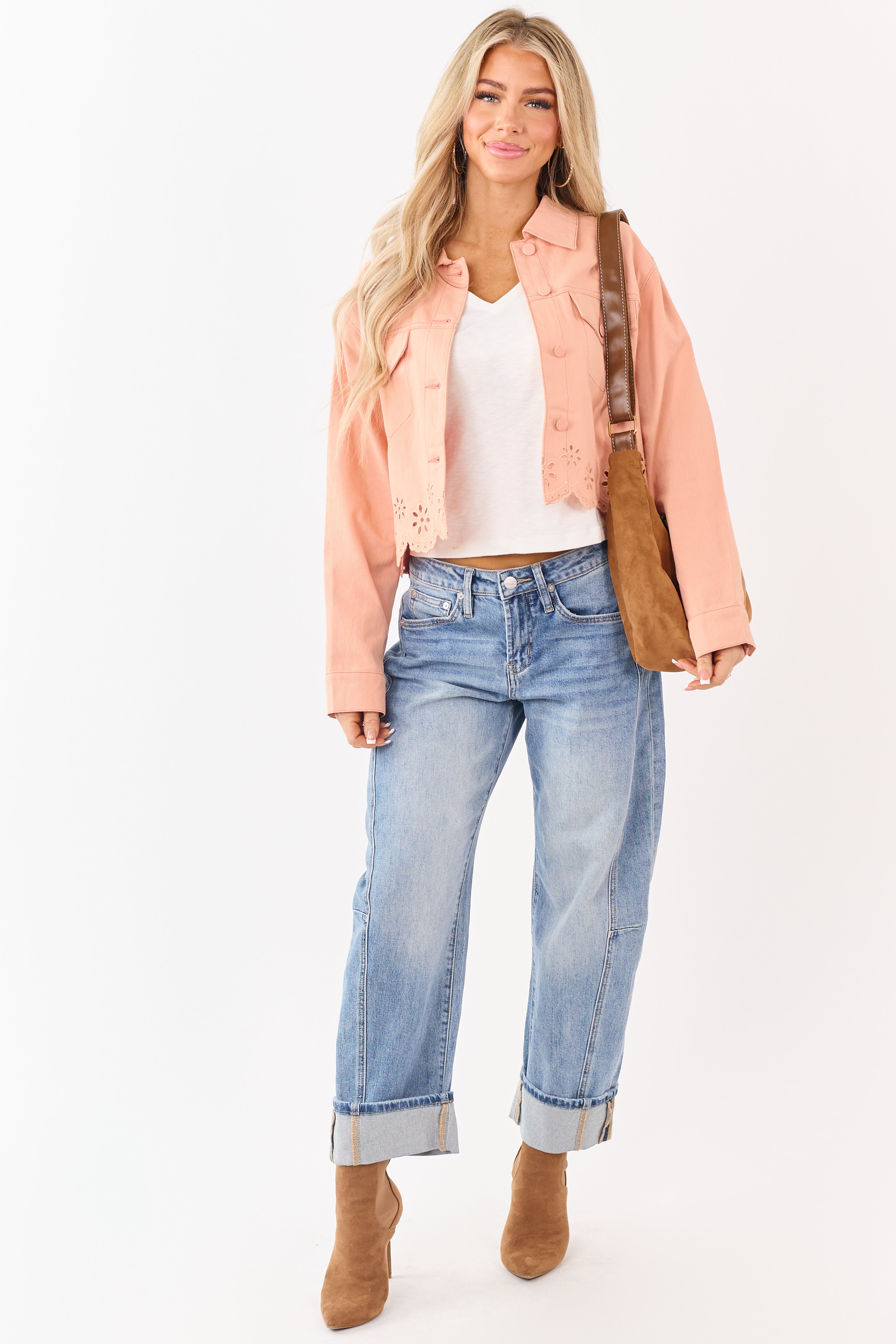Light Peach Button Down Embroidered Denim Jacket