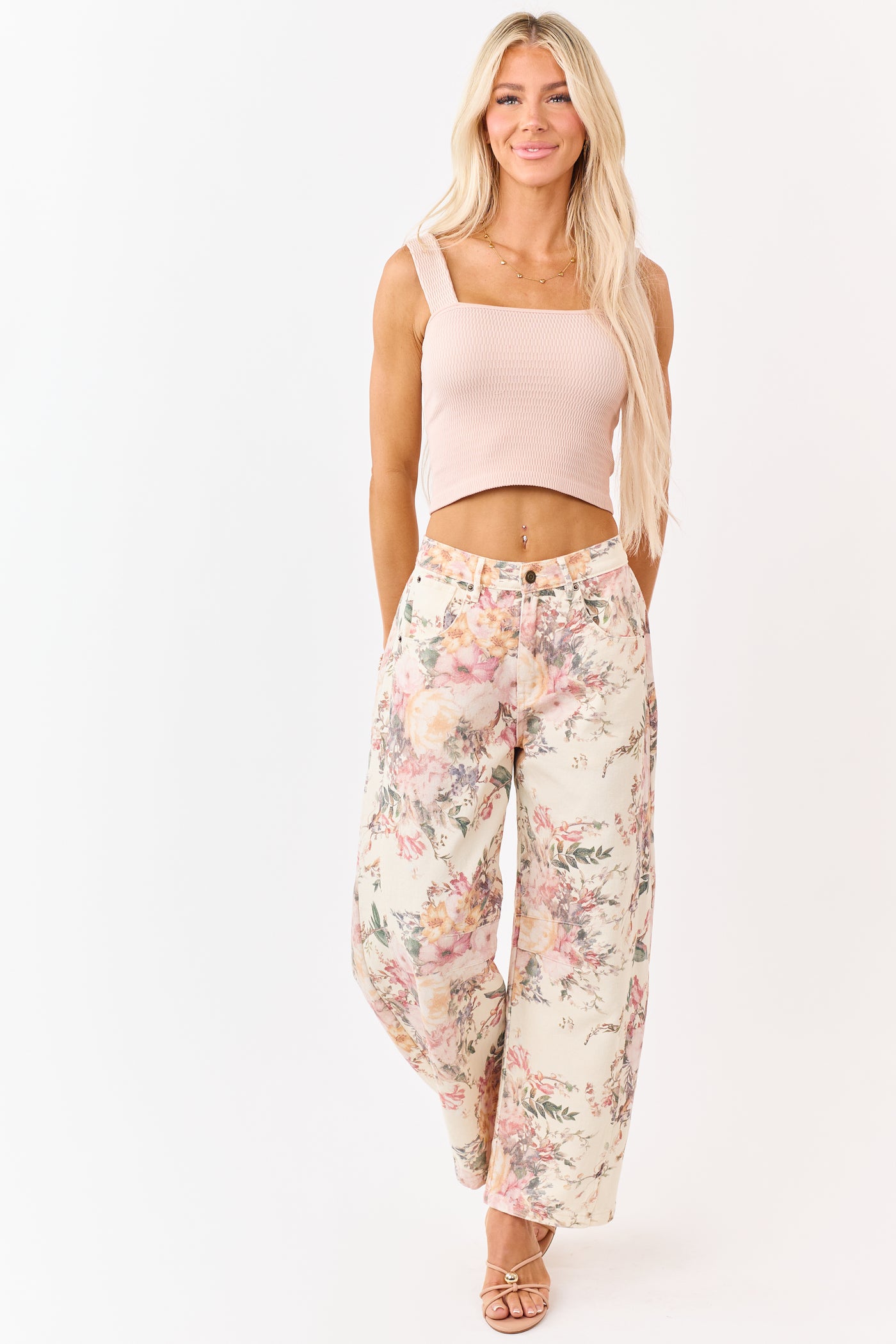 Light Peach Seamless Textured Knit Crop Tank Top