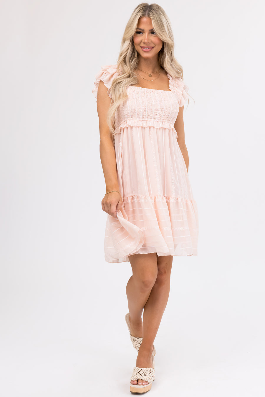Light Peach Smocked Short Sleeve Mini Dress