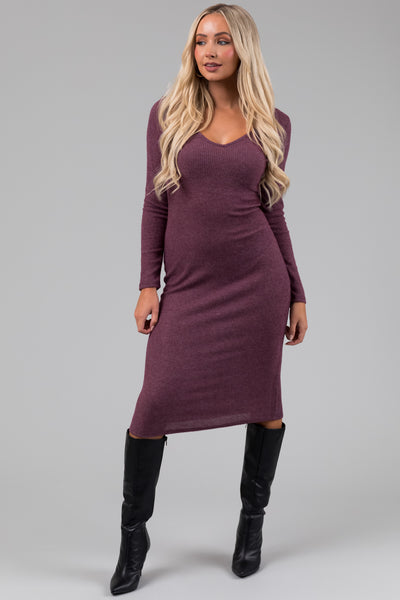 Light Plum Long Sleeve V Neck Soft Knit Midi Dress