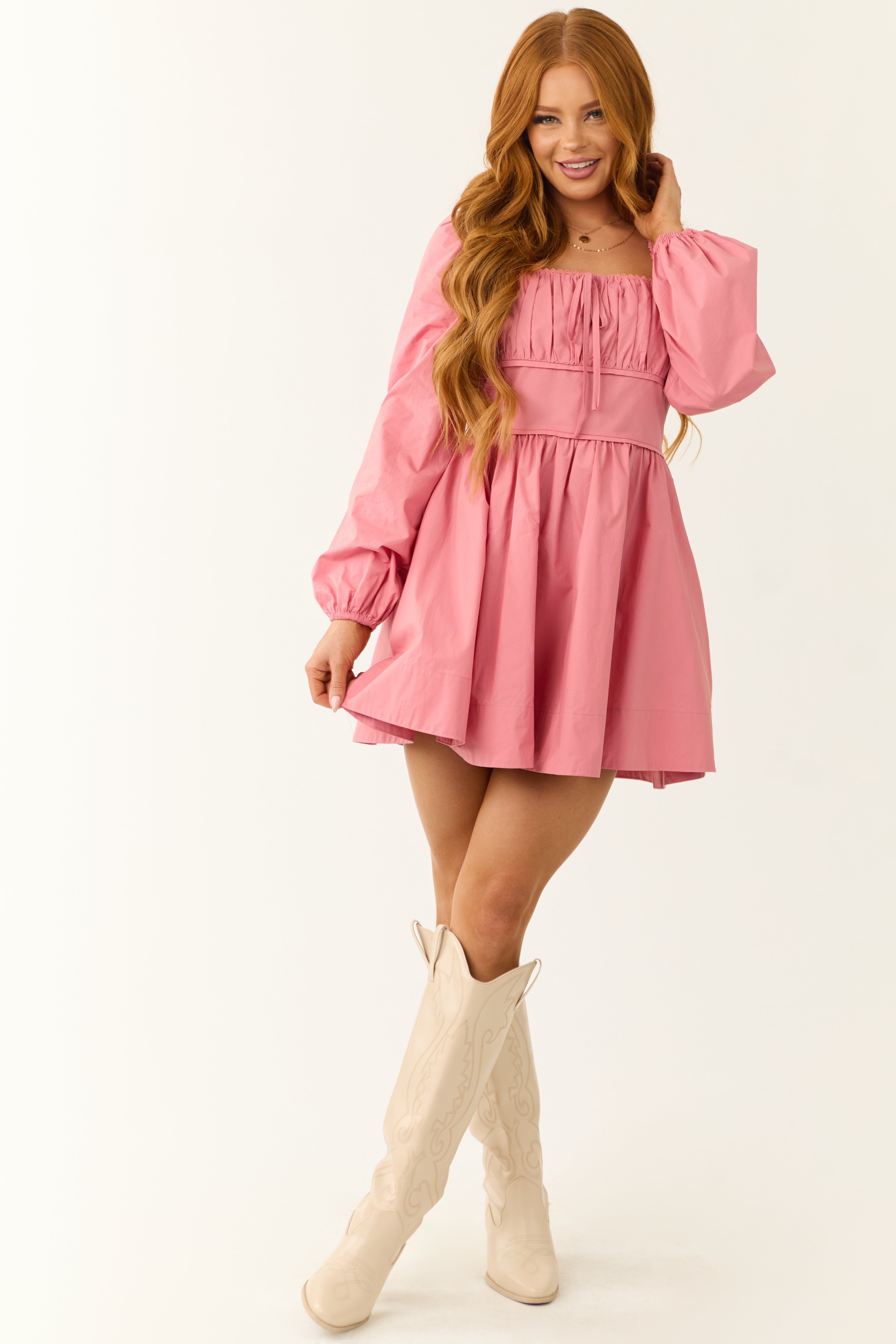 Light Punch Long Sleeve Tie Front Short Dress Light Punch Long Sleeve Tie Front Short Dress