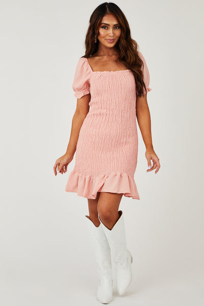 Light Punch Puff Sleeve Smocked Bodycon Mini Dress