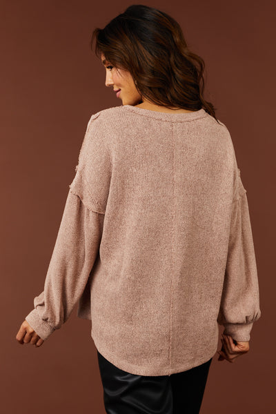 Light Rose Front Pocket Long Sleeve Knit Top