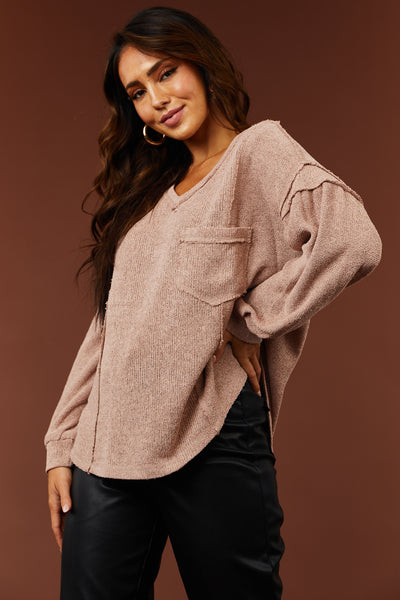 Light Rose Front Pocket Long Sleeve Knit Top