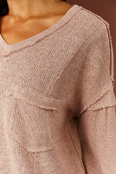Light Rose Front Pocket Long Sleeve Knit Top