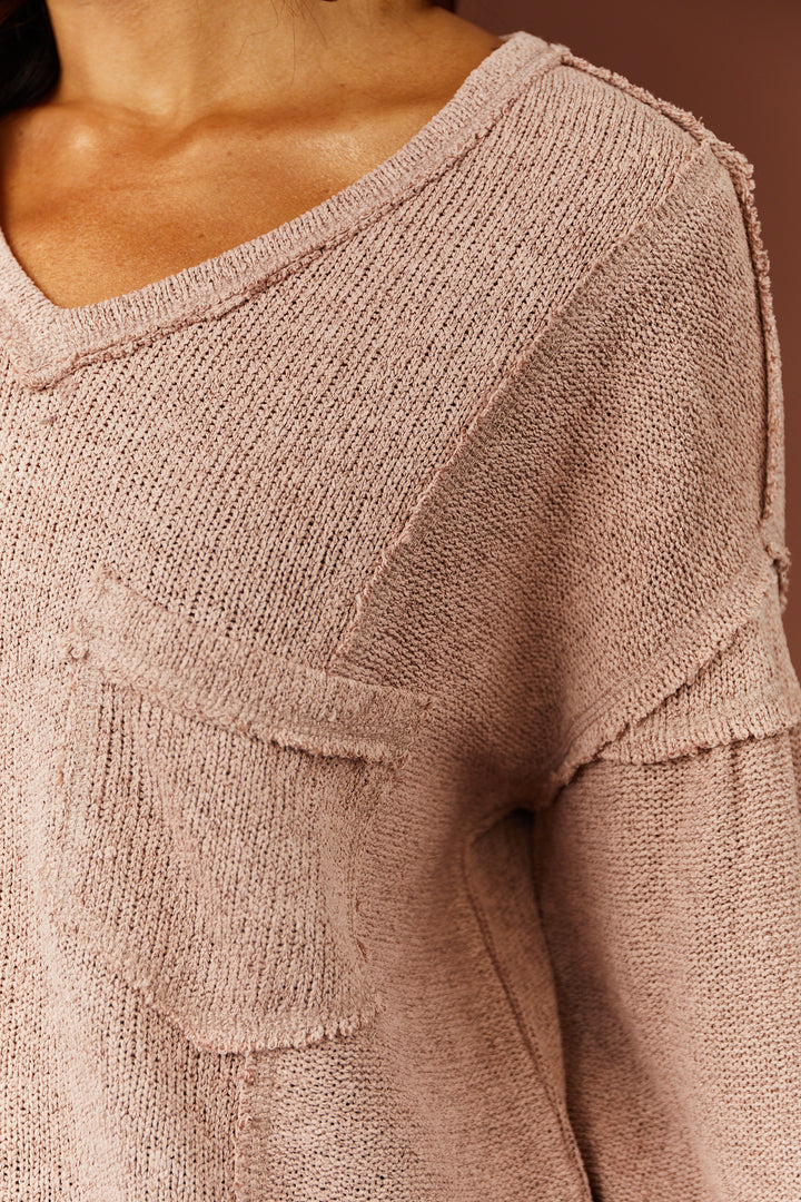 Light Rose Front Pocket Long Sleeve Knit Top