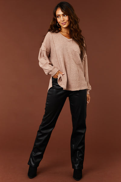 Light Rose Front Pocket Long Sleeve Knit Top