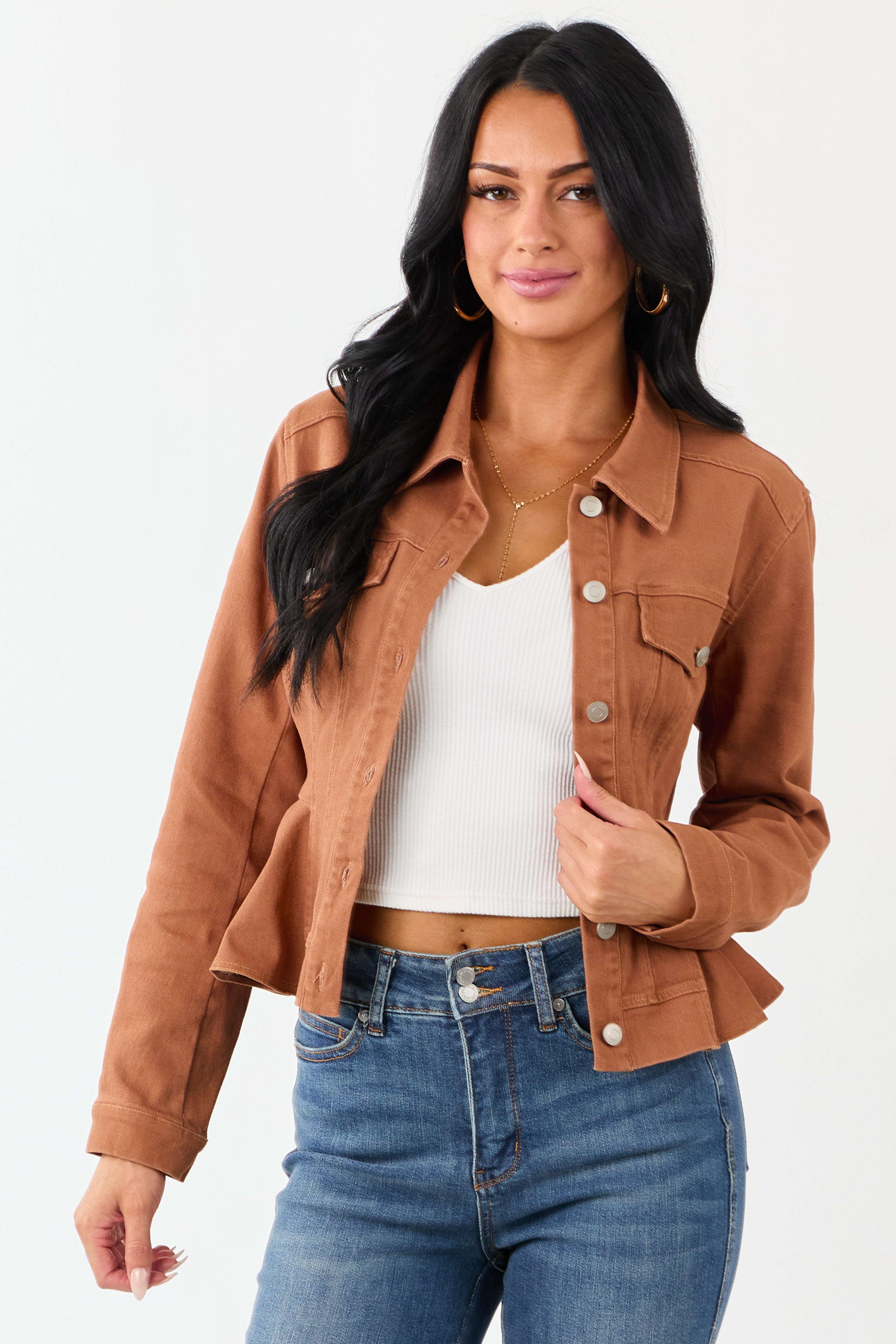 Light Spice Denim Button Up Peplum Jacket | Lime Lush Boutique
