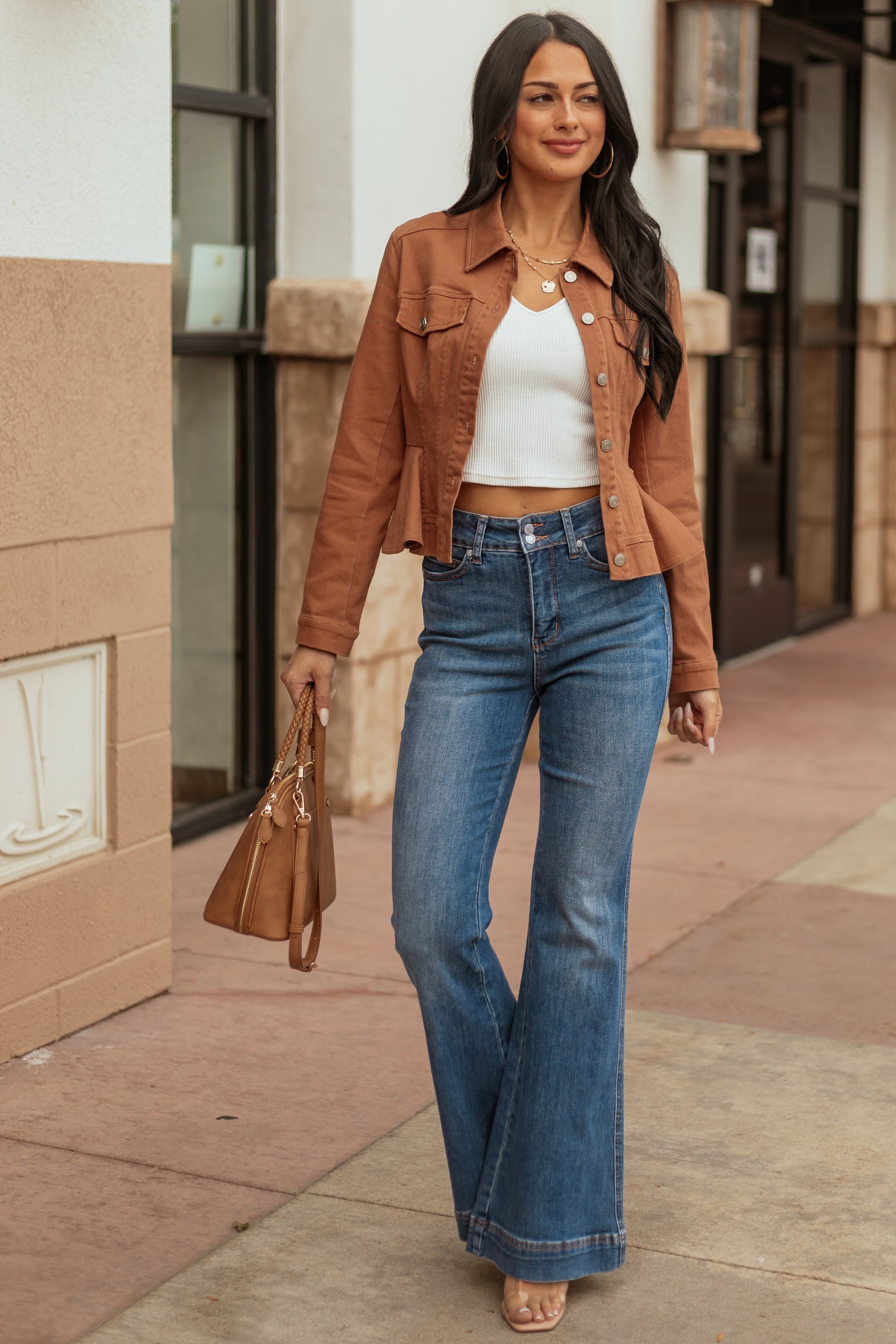 Light Spice Denim Button Up Peplum Jacket