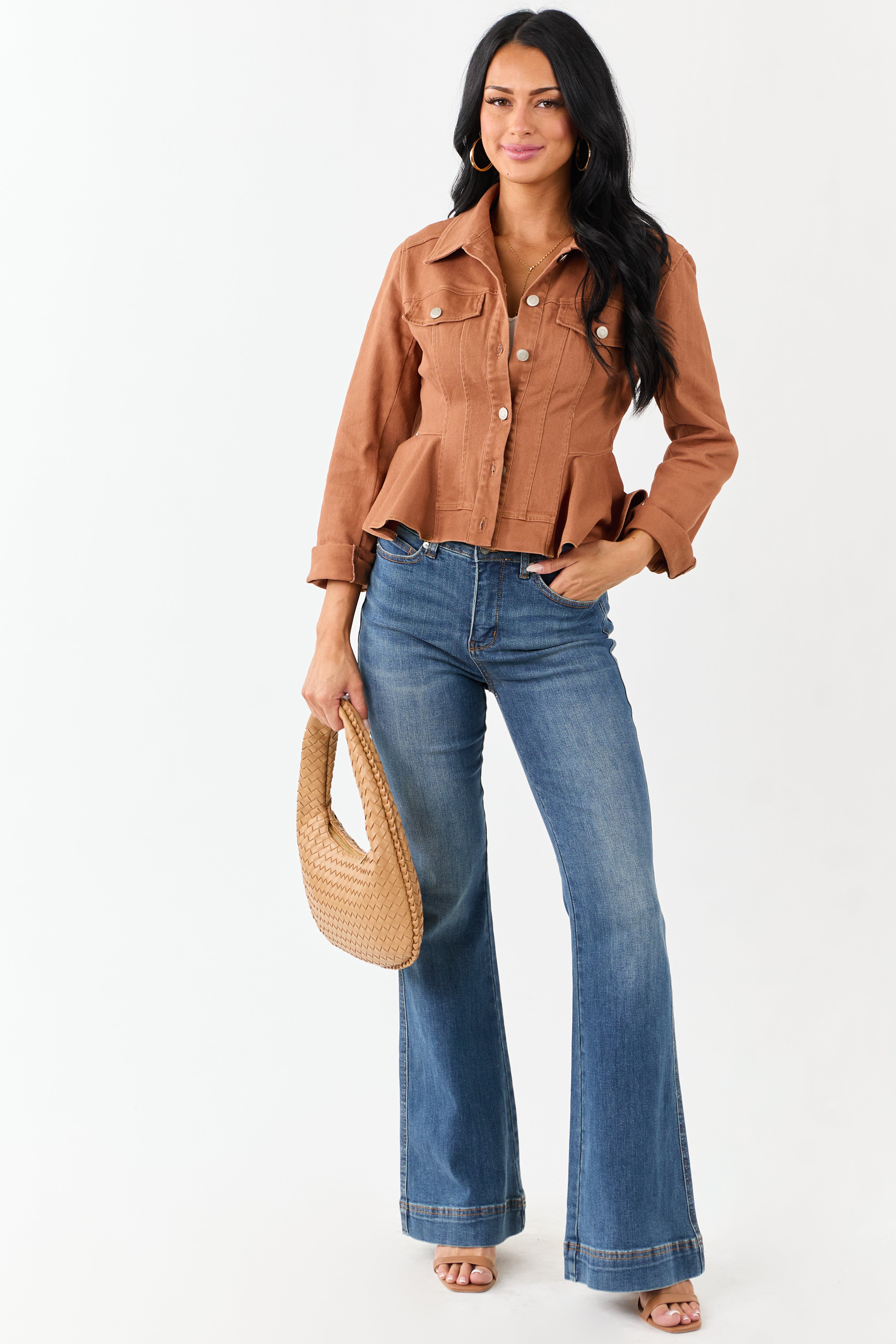 Light Spice Denim Button Up Peplum Jacket