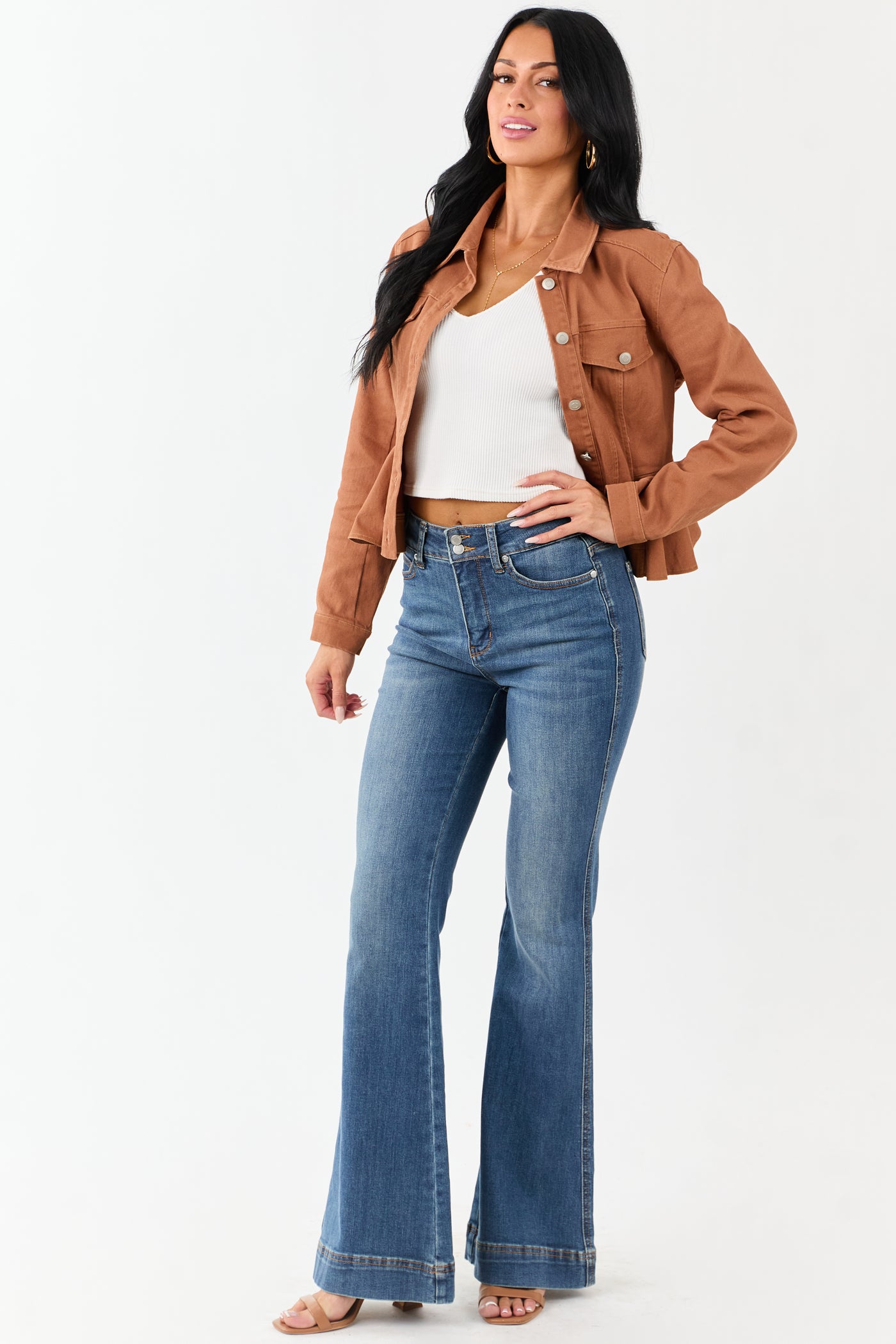 Light Spice Denim Button Up Peplum Jacket