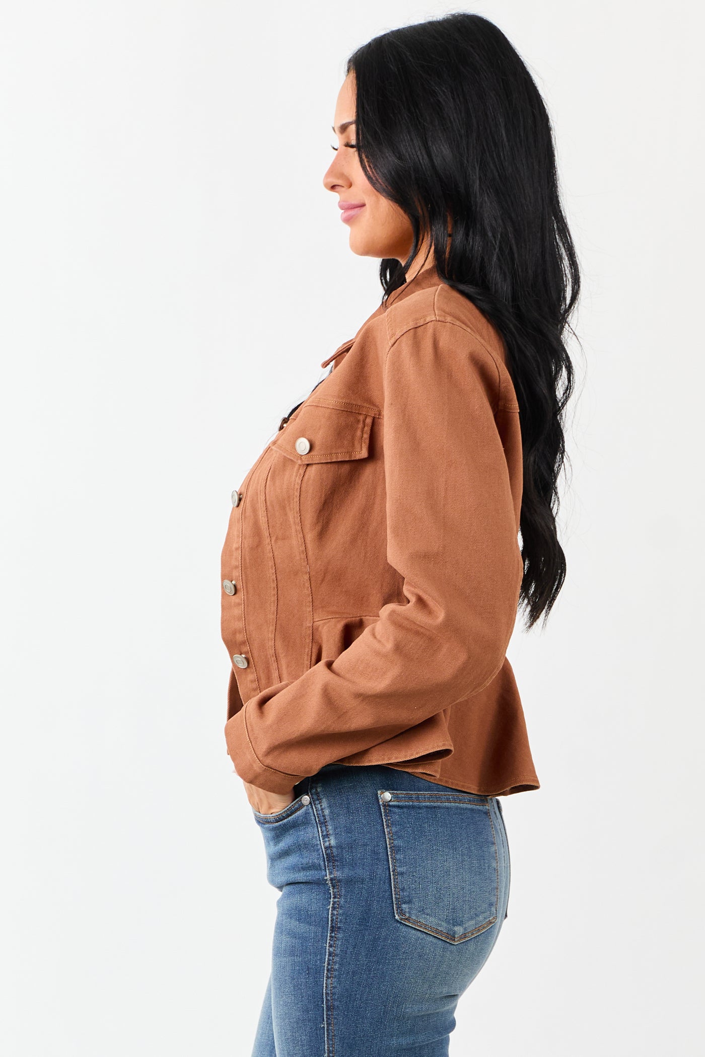 Light Spice Denim Button Up Peplum Jacket