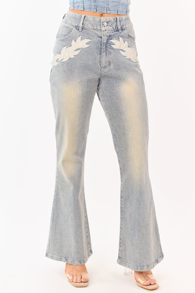 Light Stone Wash Western Patch Bootcut Stretch Jeans