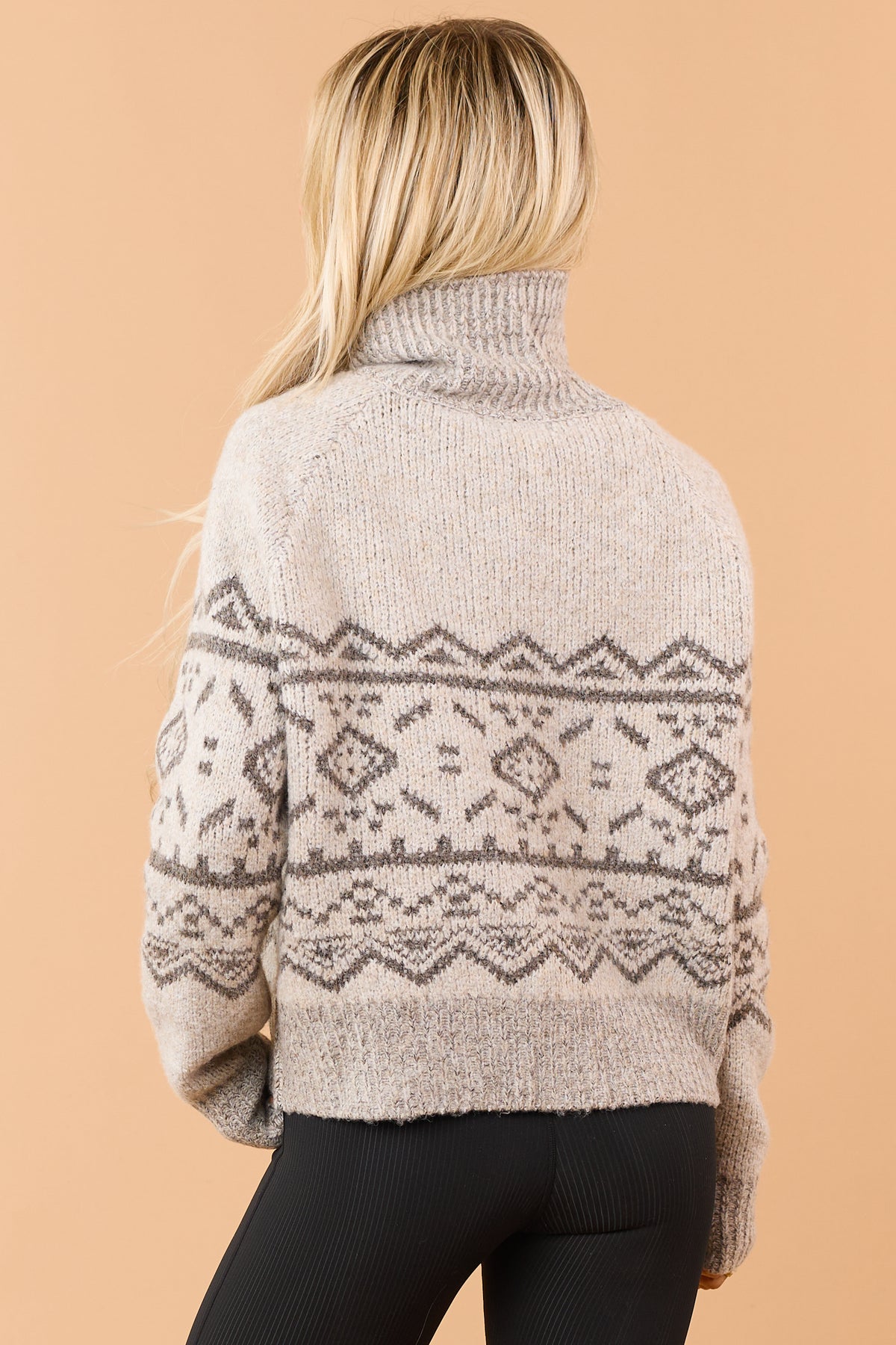 Light Taupe Fair Isle Toggle Closure Knit Cardigan