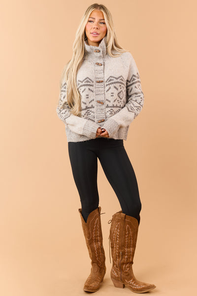Light Taupe Fair Isle Toggle Closure Knit Cardigan