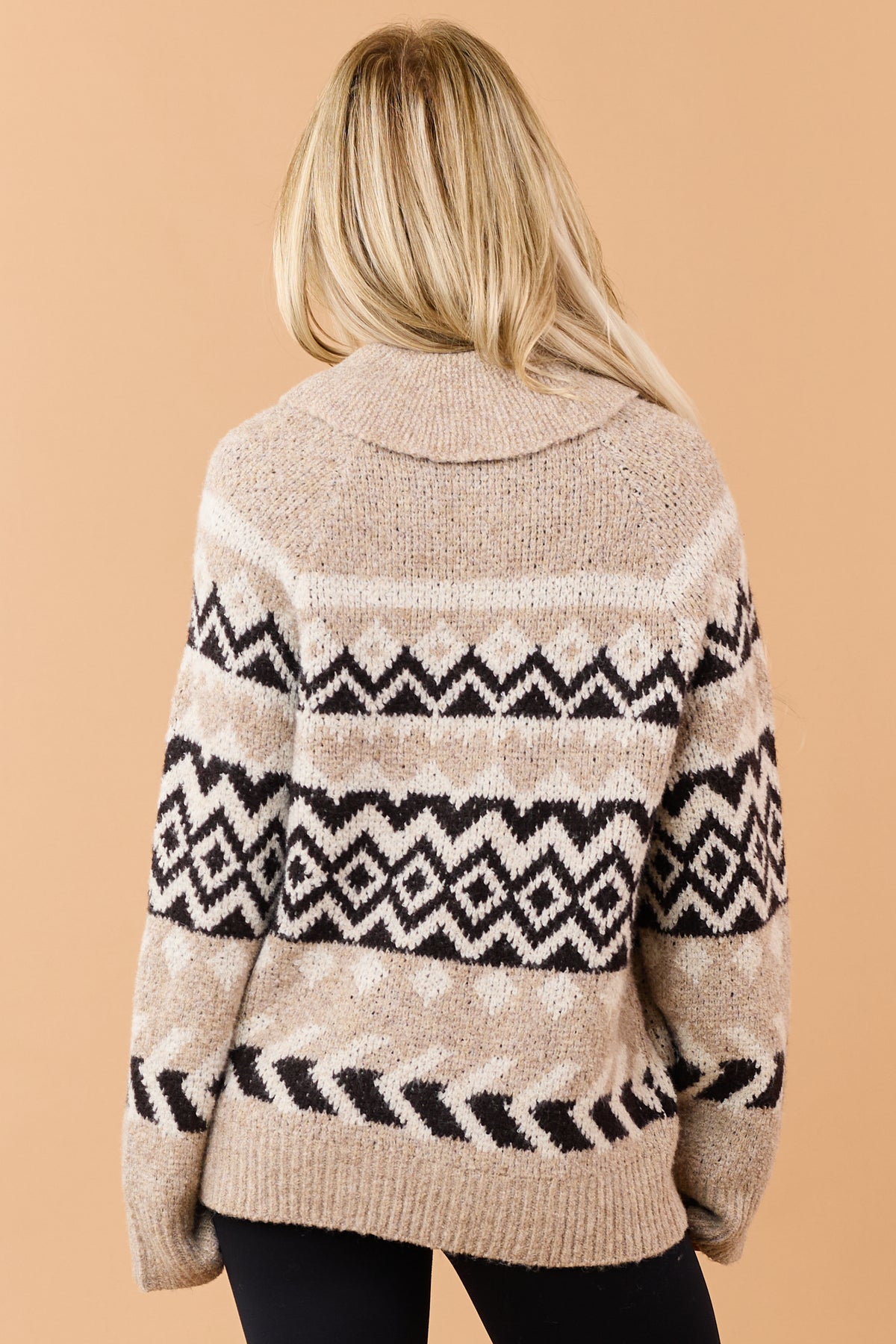 Light Taupe Fair Isle Zip Up Soft Sweater Jacket