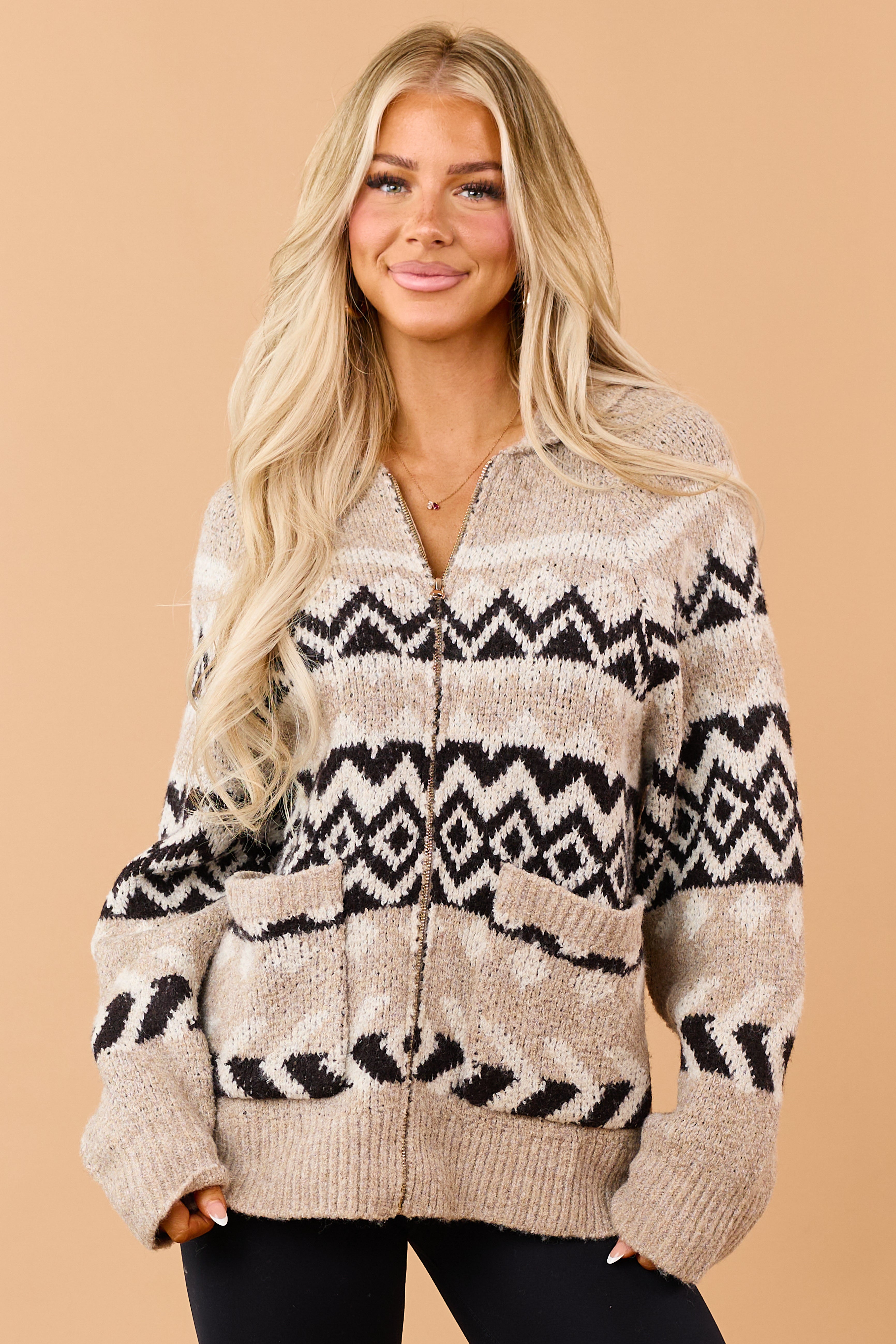 Light Taupe Fair Isle Zip Up Soft Sweater Jacket | Lime Lush Boutique