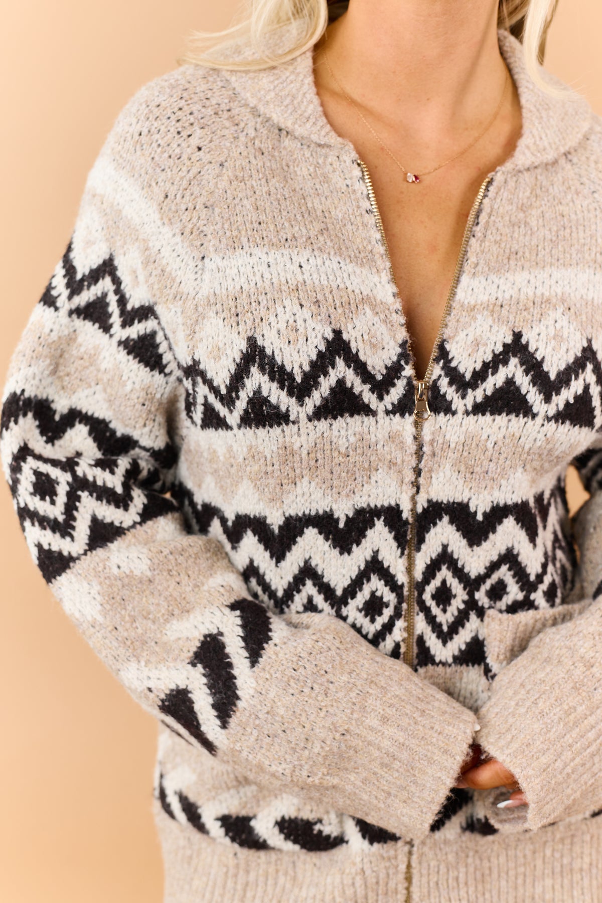 Light Taupe Fair Isle Zip Up Soft Sweater Jacket
