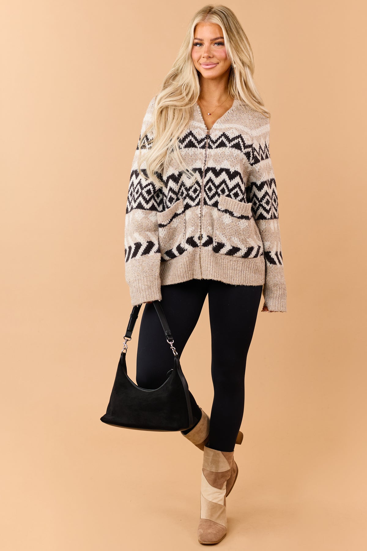 Light Taupe Fair Isle Zip Up Soft Sweater Jacket