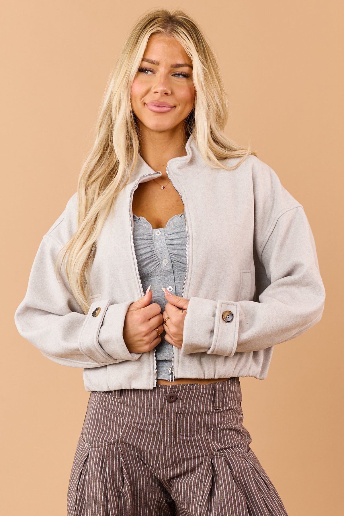 Light Taupe Fleece Zip Up Mock Neck Jacket