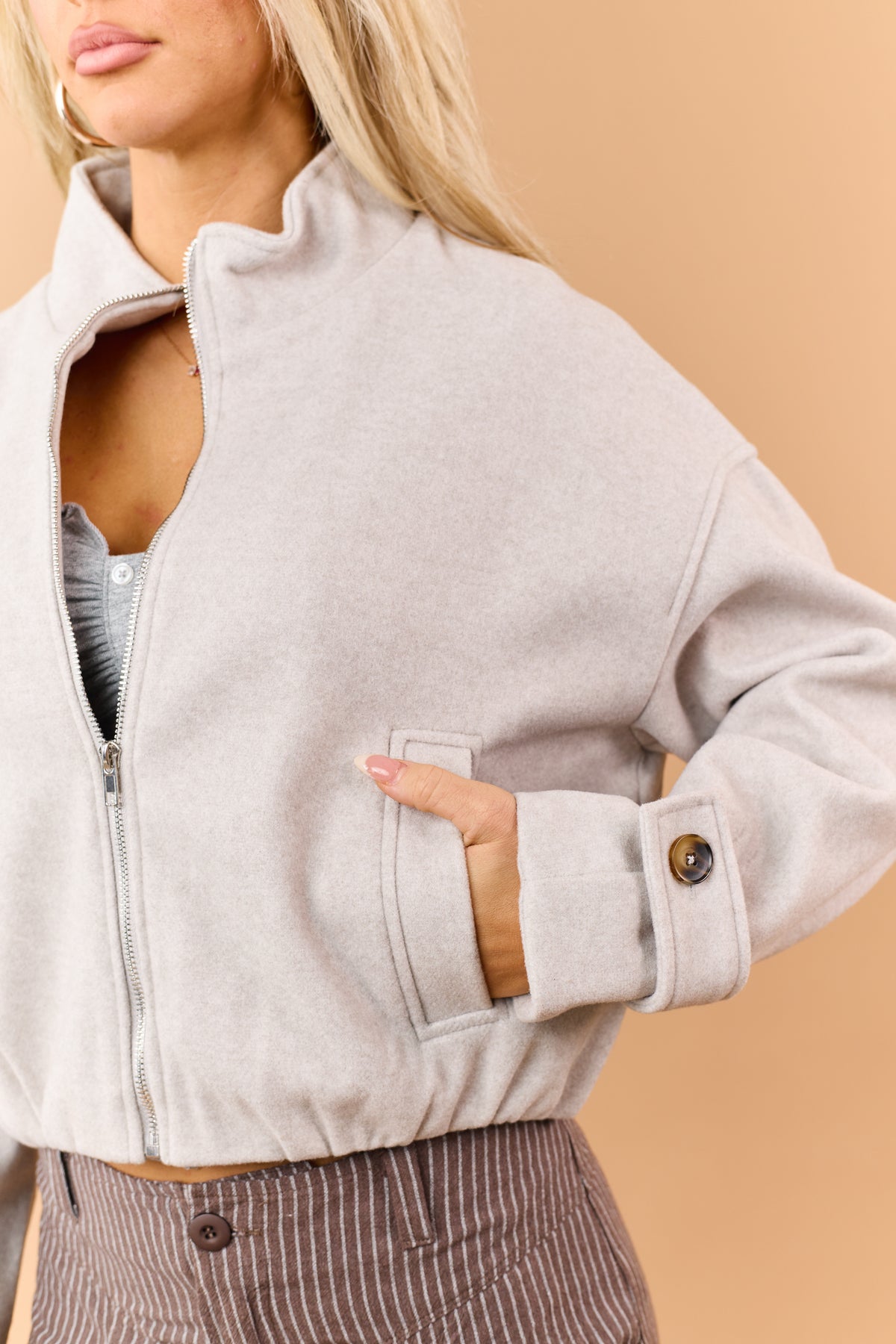 Light Taupe Fleece Zip Up Mock Neck Jacket