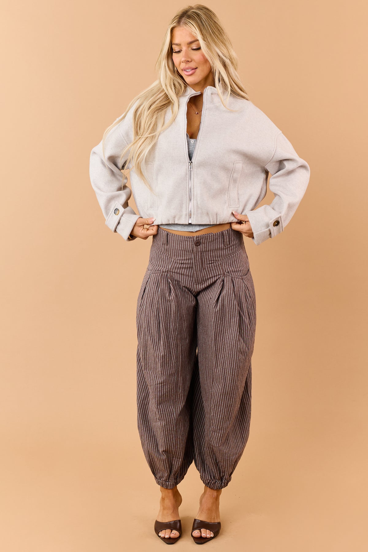 Light Taupe Fleece Zip Up Mock Neck Jacket