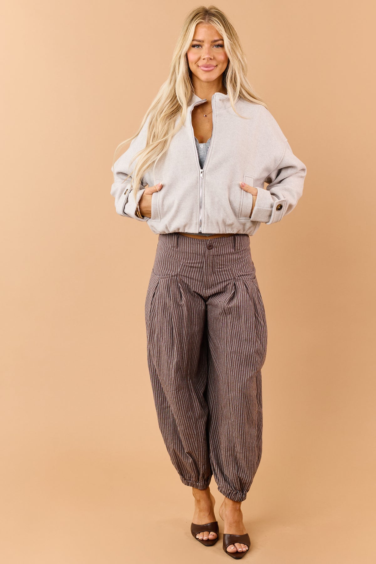 Light Taupe Fleece Zip Up Mock Neck Jacket