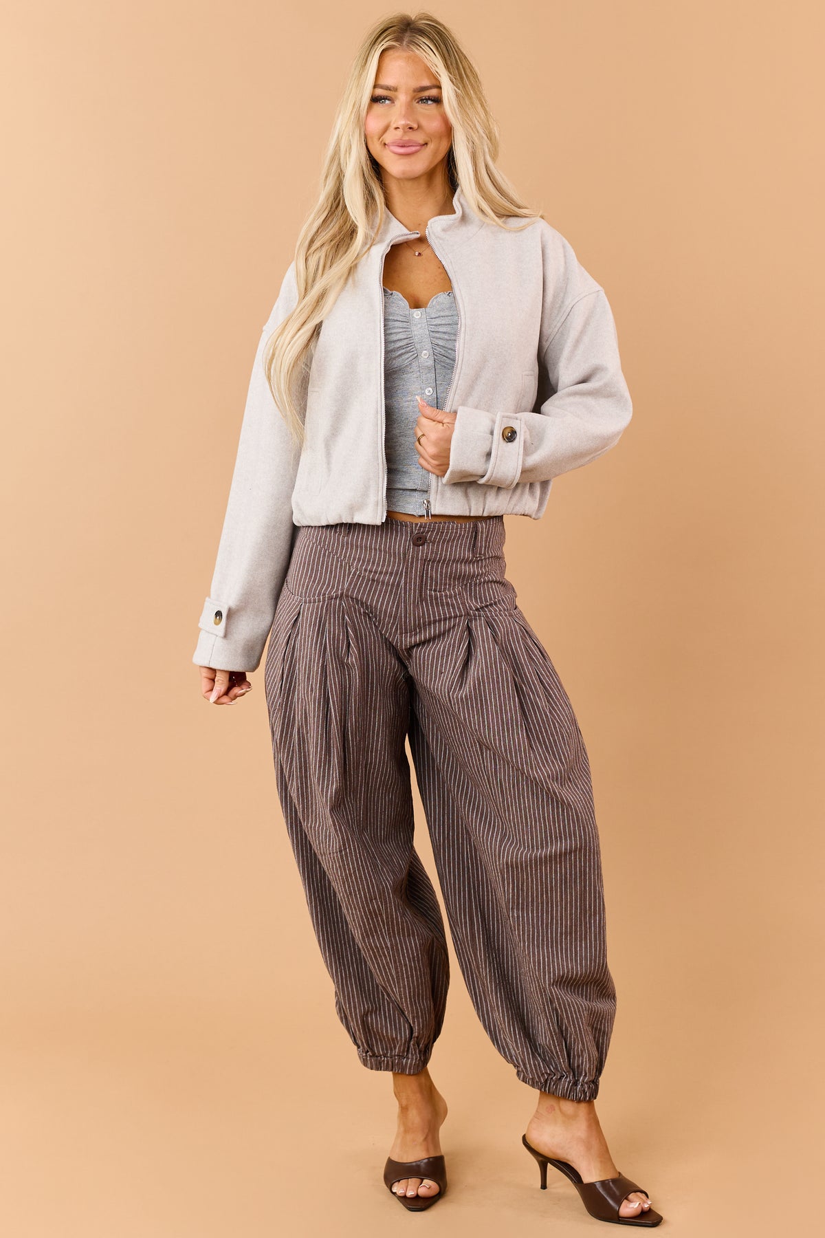 Light Taupe Fleece Zip Up Mock Neck Jacket
