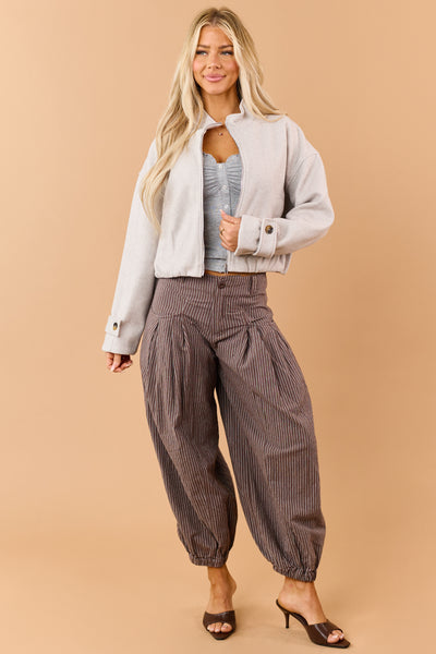 Light Taupe Fleece Zip Up Mock Neck Jacket