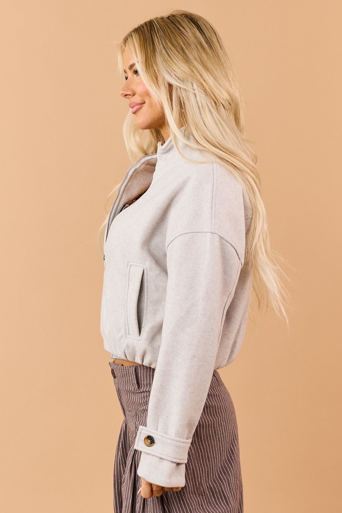 Light Taupe Fleece Zip Up Mock Neck Jacket