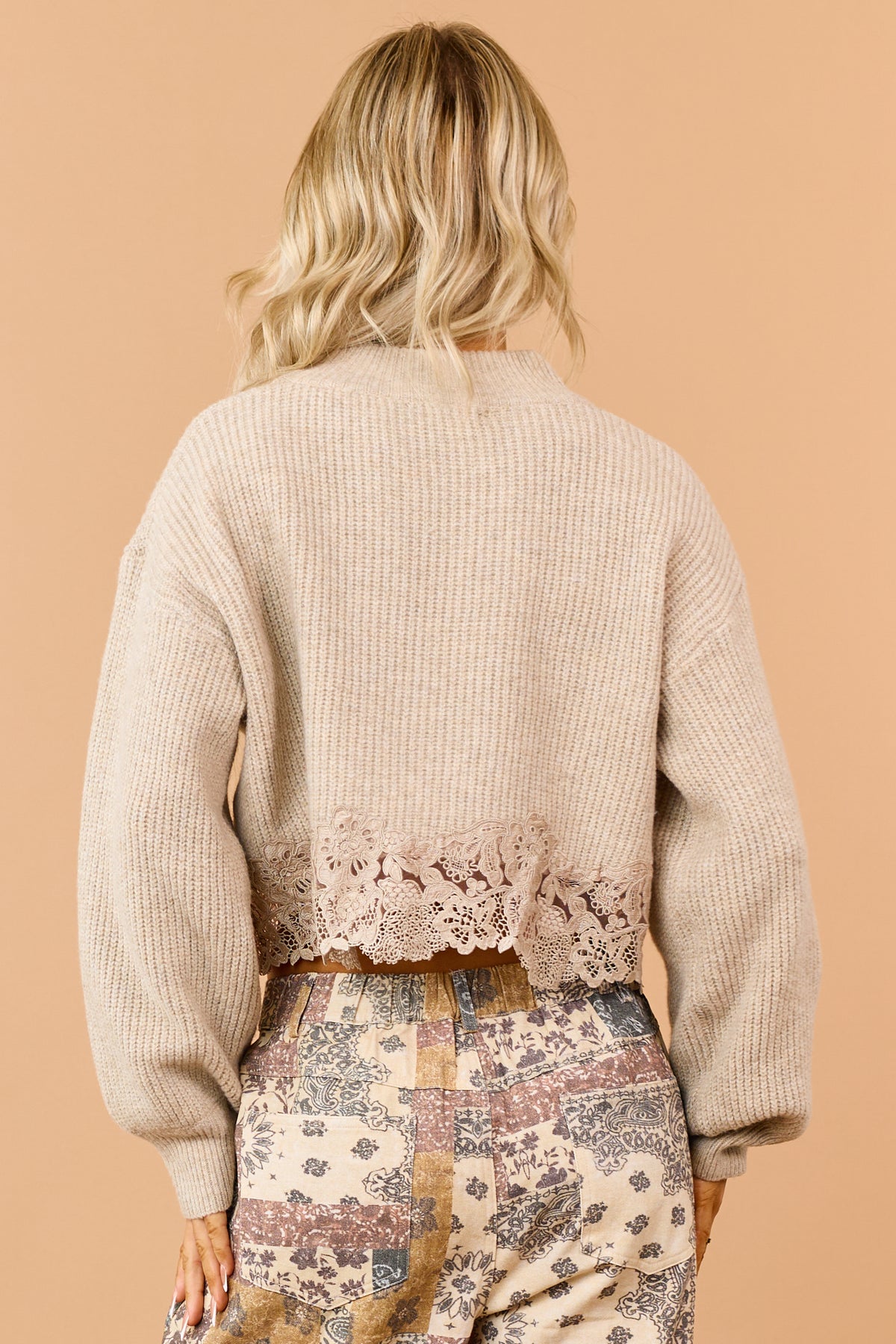 Light Taupe Floral Lace Hem Cropped Sweater