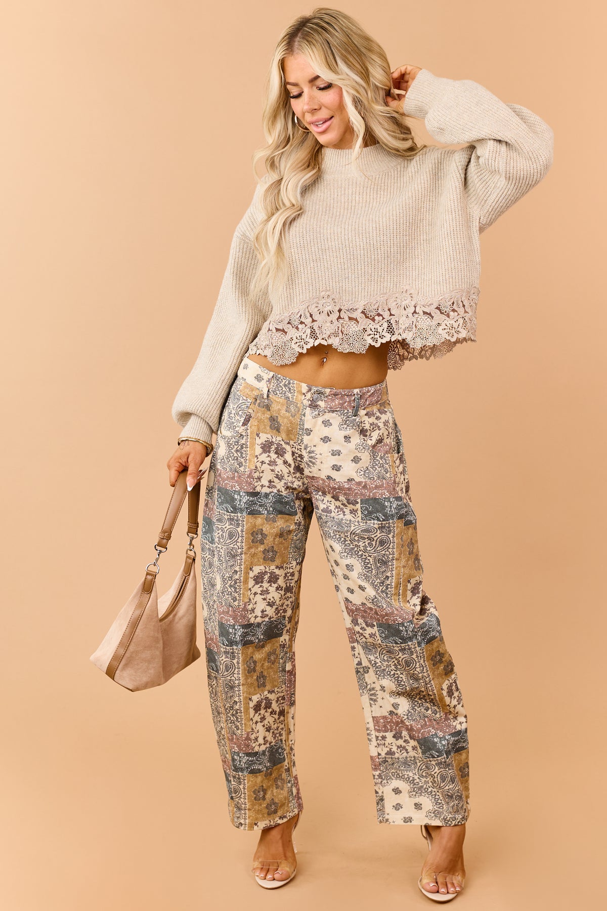 Light Taupe Floral Lace Hem Cropped Sweater