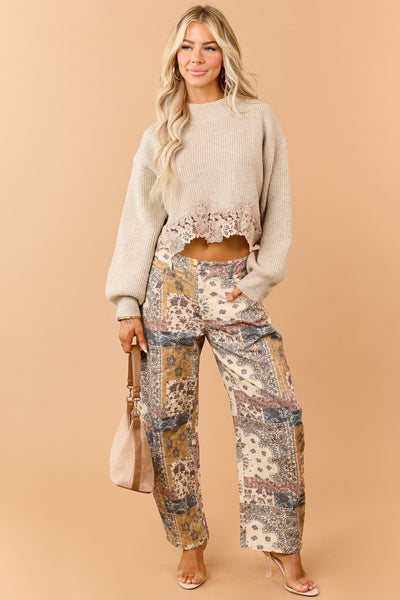 Light Taupe Floral Lace Hem Cropped Sweater