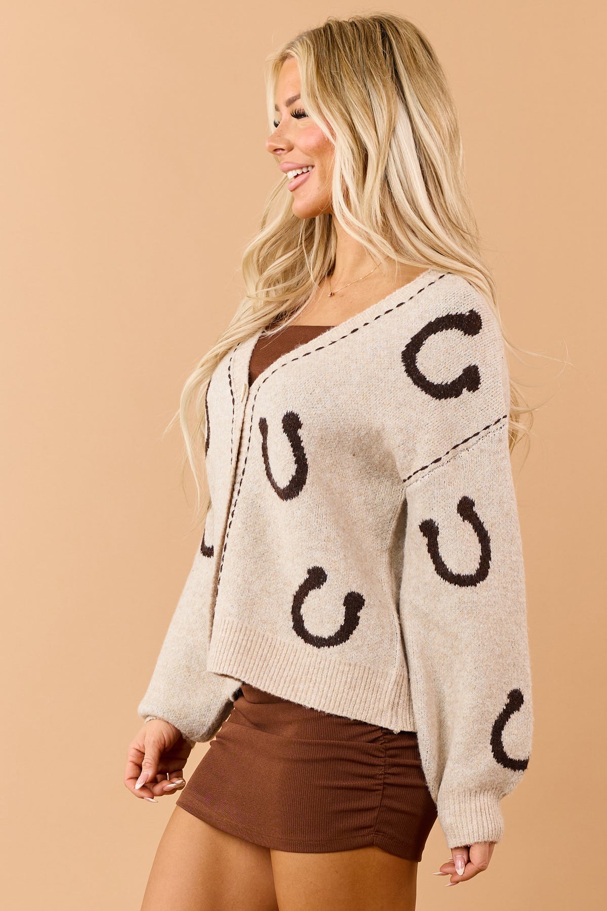 Light Taupe Horseshoe Pattern Button Down Cardigan
