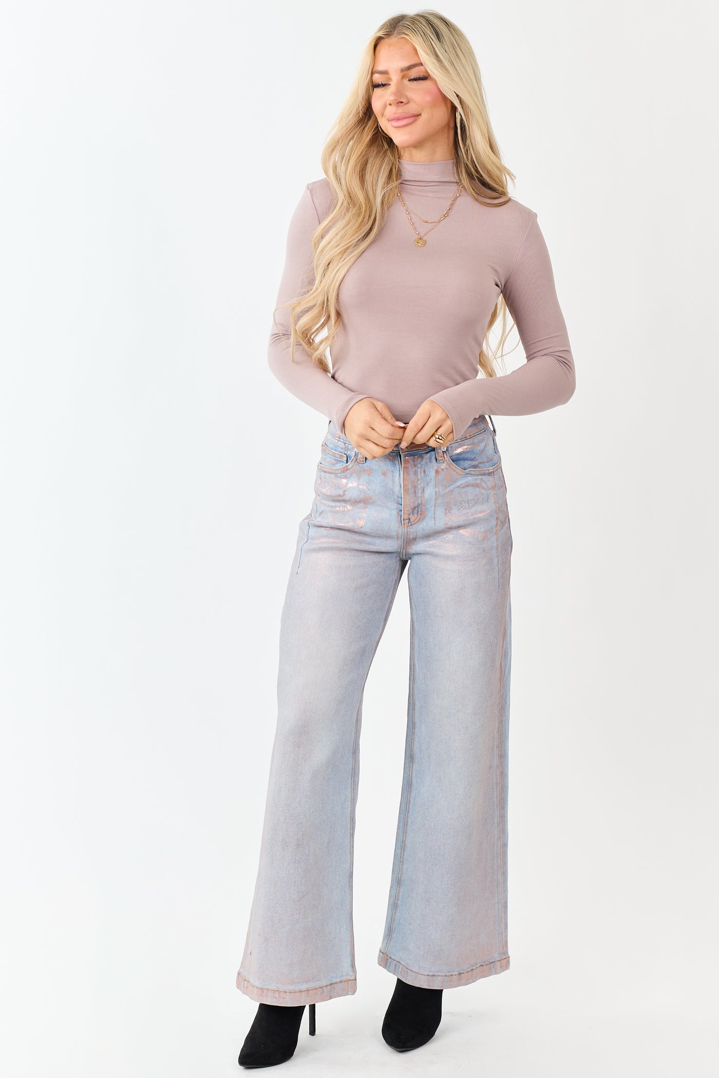 Light Taupe Mock Neck Long Sleeve Fitted Knit Top