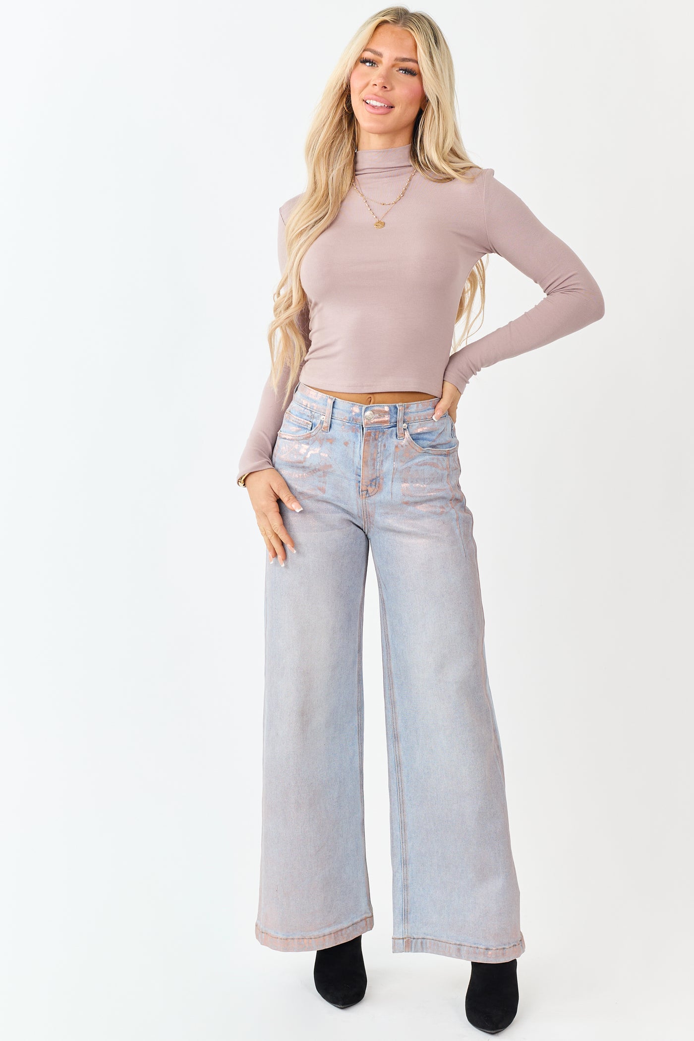 Light Taupe Mock Neck Long Sleeve Fitted Knit Top