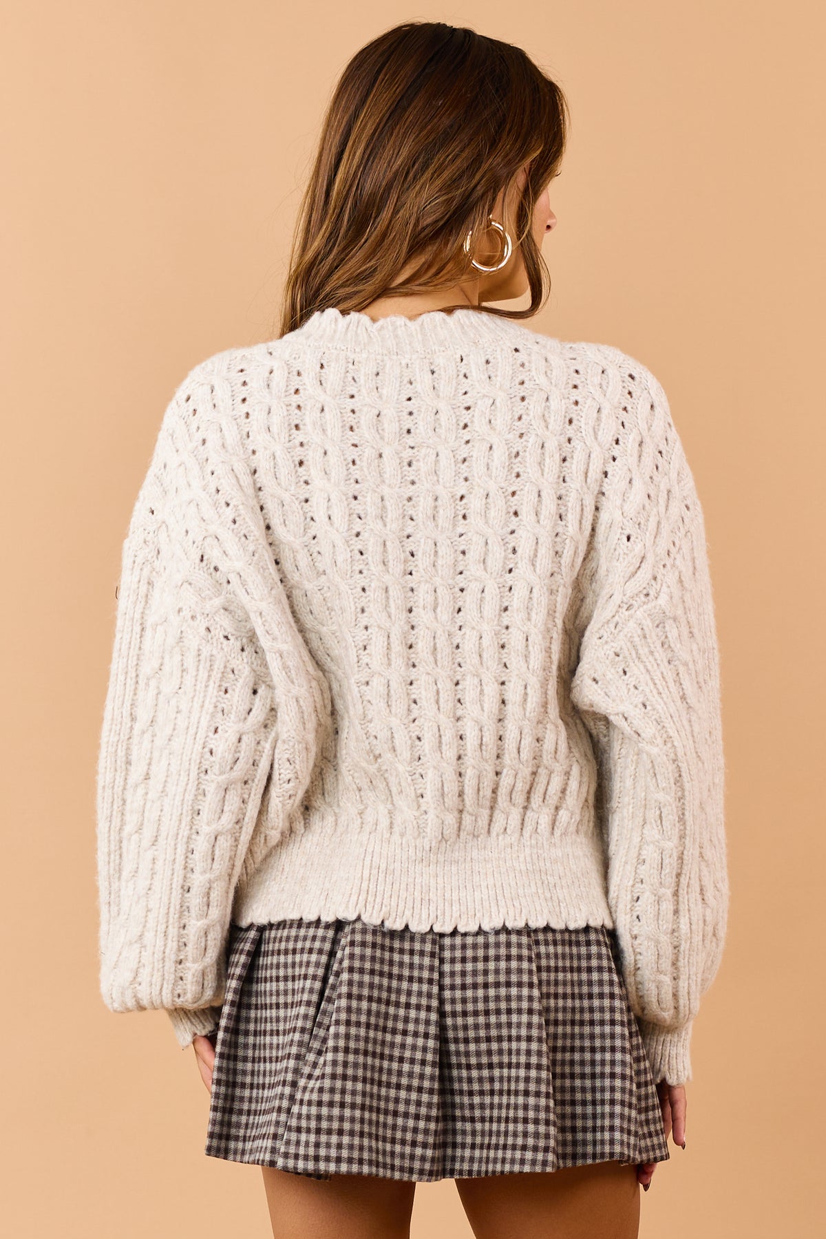 Light Taupe Pointelle Cable Knit Sweater Cardigan