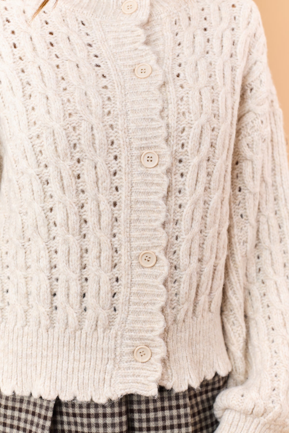Light Taupe Pointelle Cable Knit Sweater Cardigan