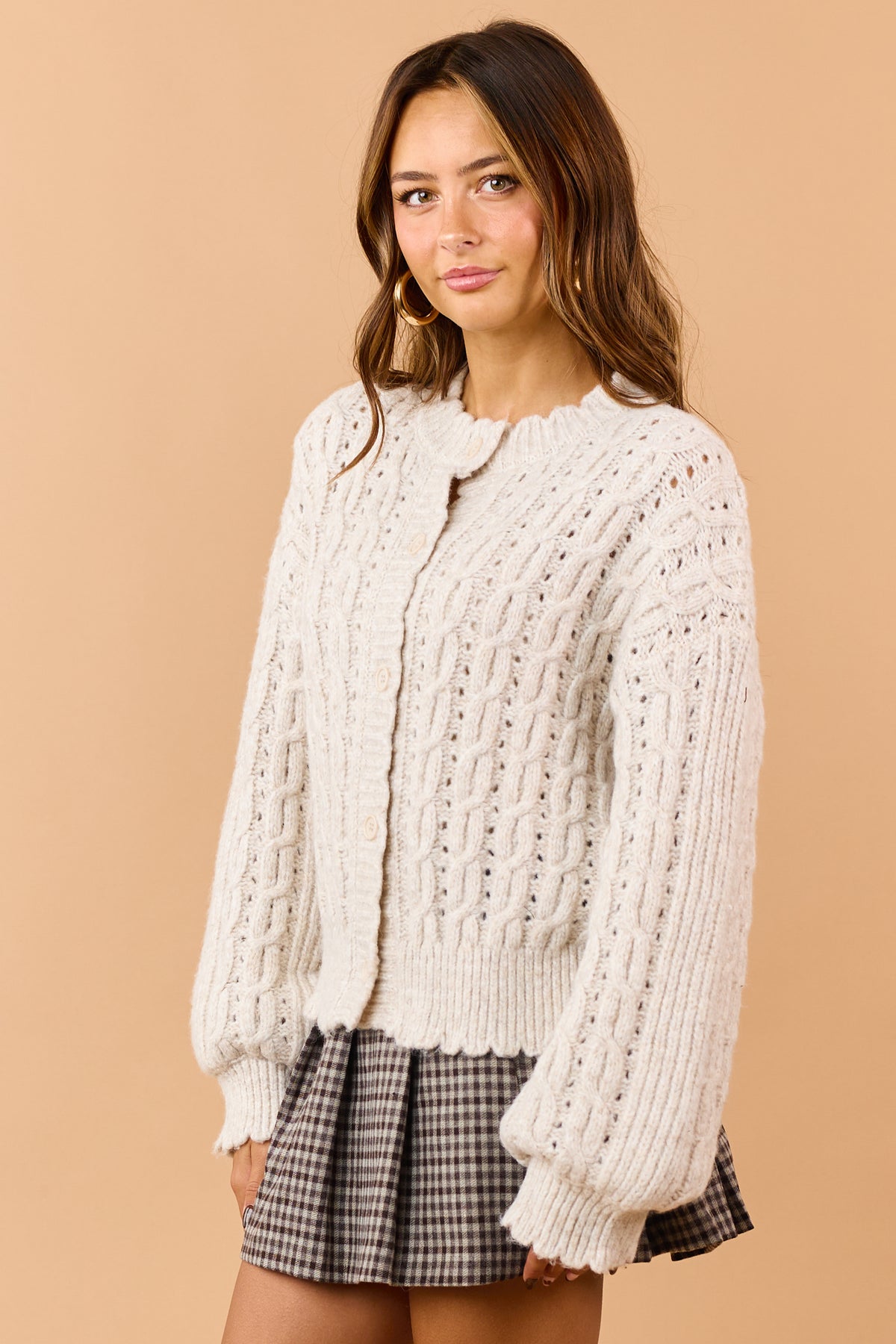 Light Taupe Pointelle Cable Knit Sweater Cardigan