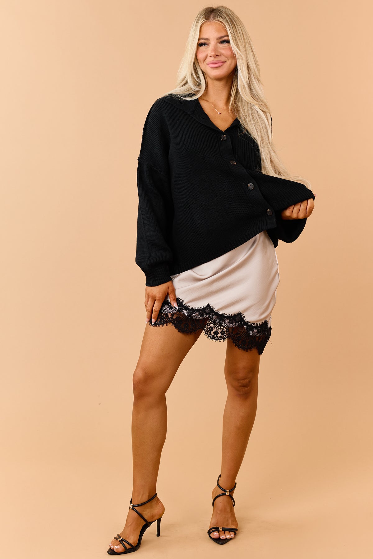 Light Taupe Satin Asymmetrical Lace Hem Slip Skirt