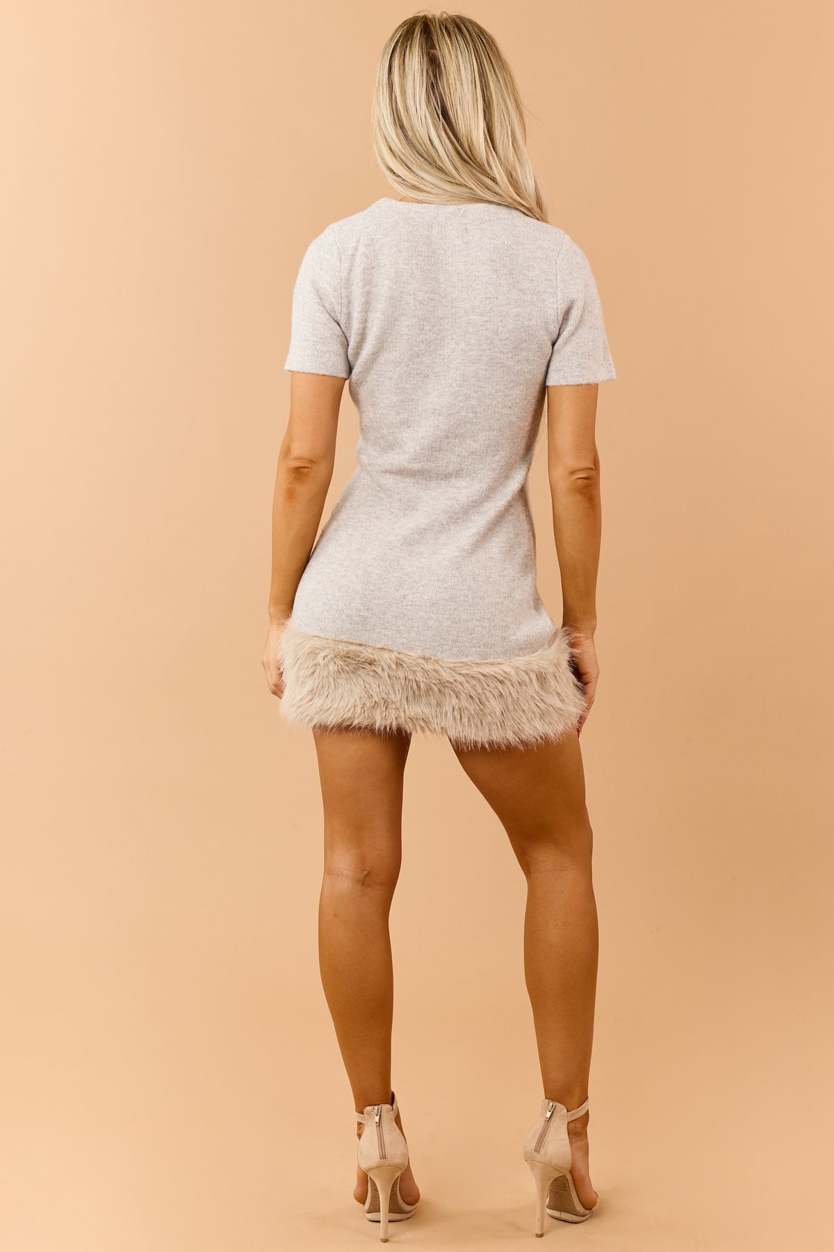 Light Taupe Sweater Knit Faux Fur Hem Mini Dress