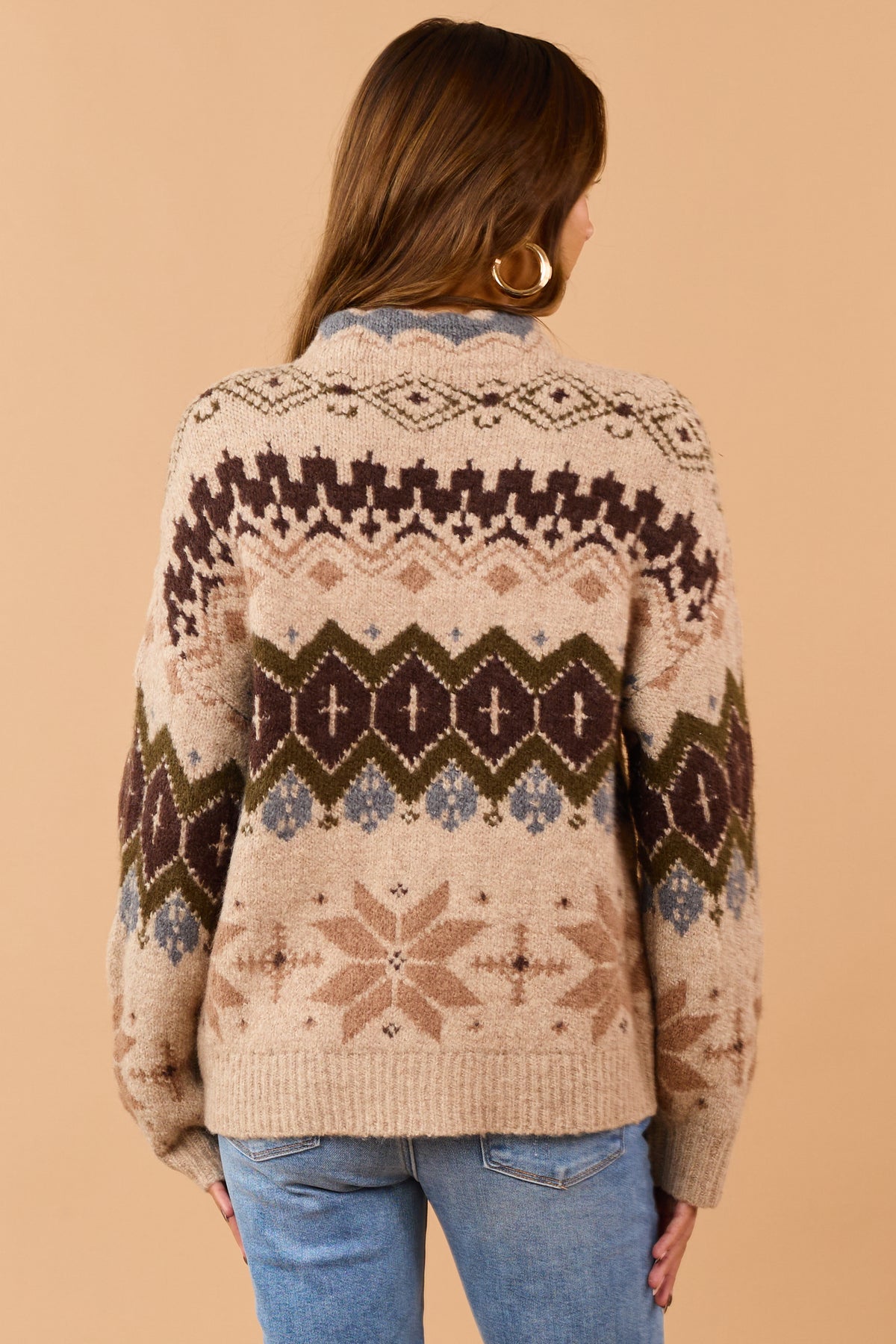 Light Taupe Winter Fair Isle Mock Neck Sweater