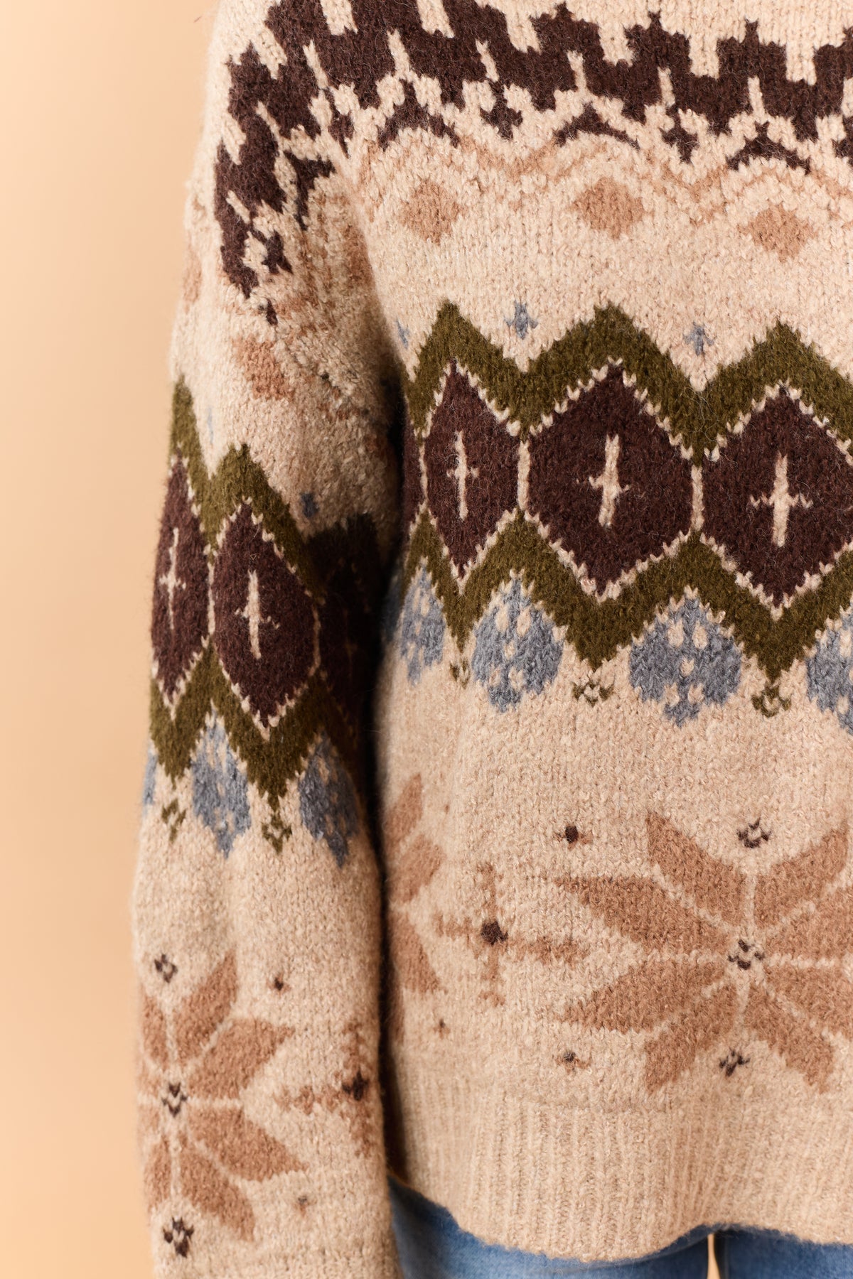 Light Taupe Winter Fair Isle Mock Neck Sweater