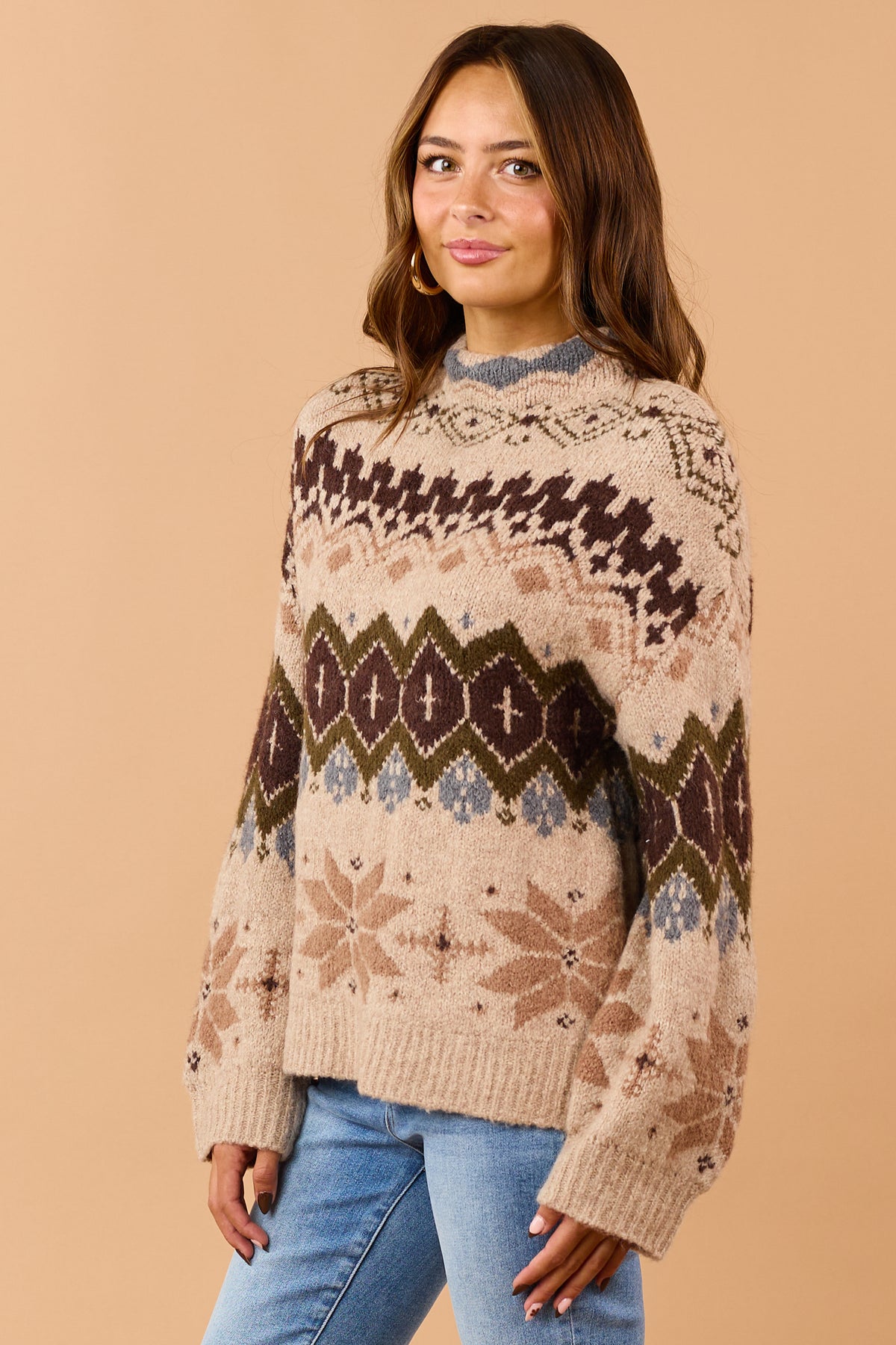 Light Taupe Winter Fair Isle Mock Neck Sweater